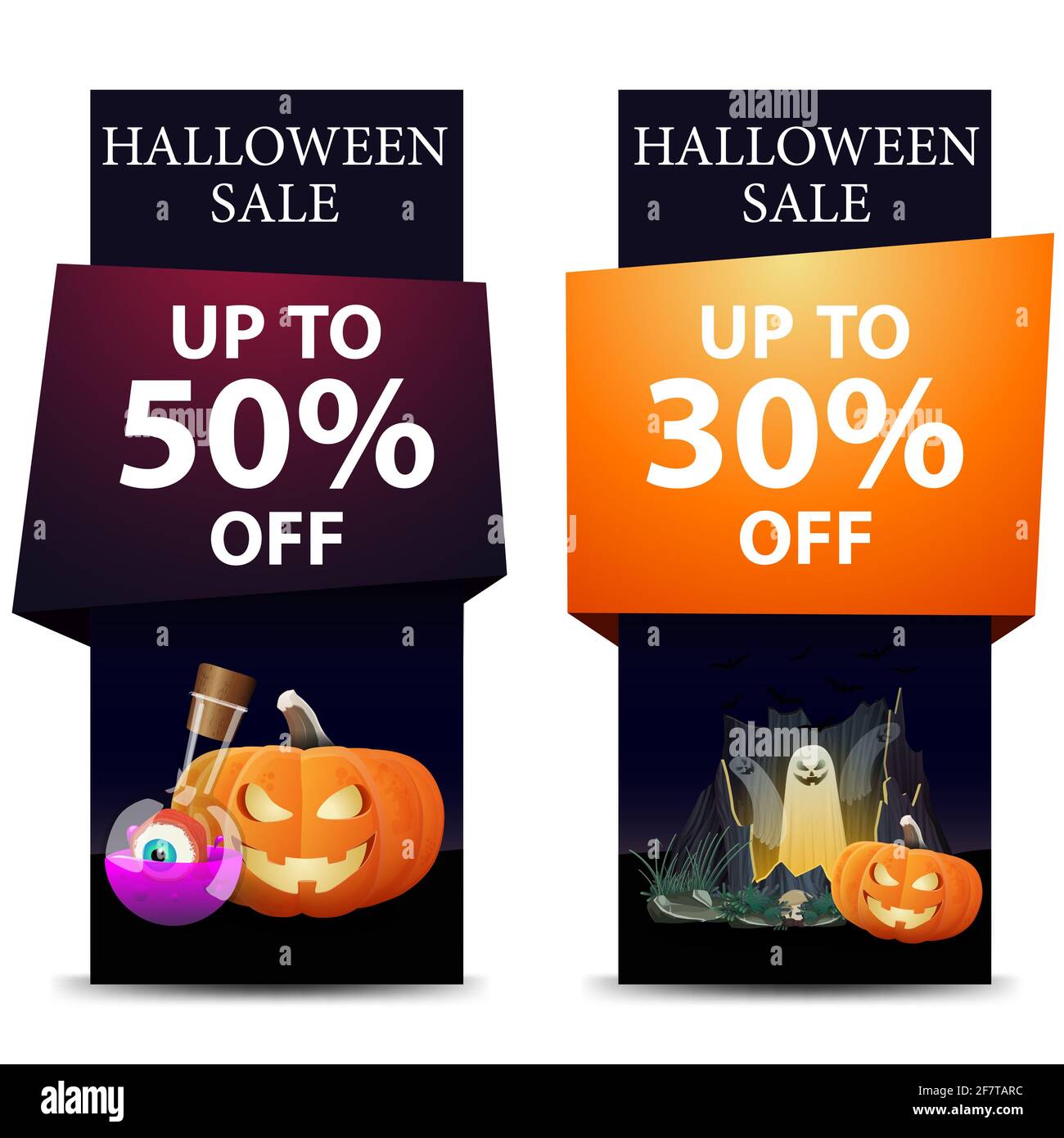 Halloween vendita, due sconto nero banner verticale con zucca Jack, la pozione della strega, portale con fantasmi e zucca Jack Foto Stock