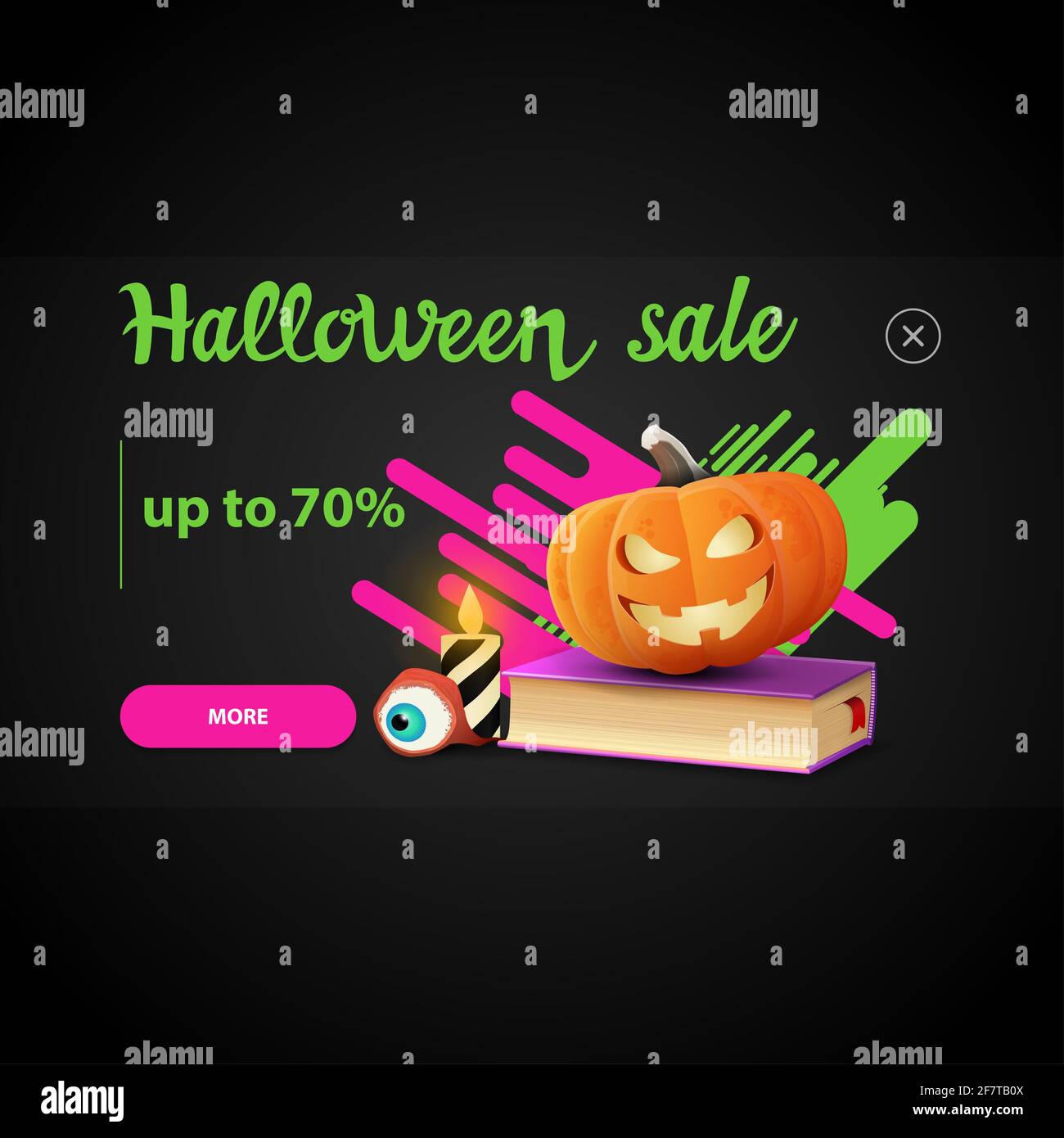 Vendita di Halloween, finestra pop up per il sito web con libro incantesimo e Jack zucca Foto Stock