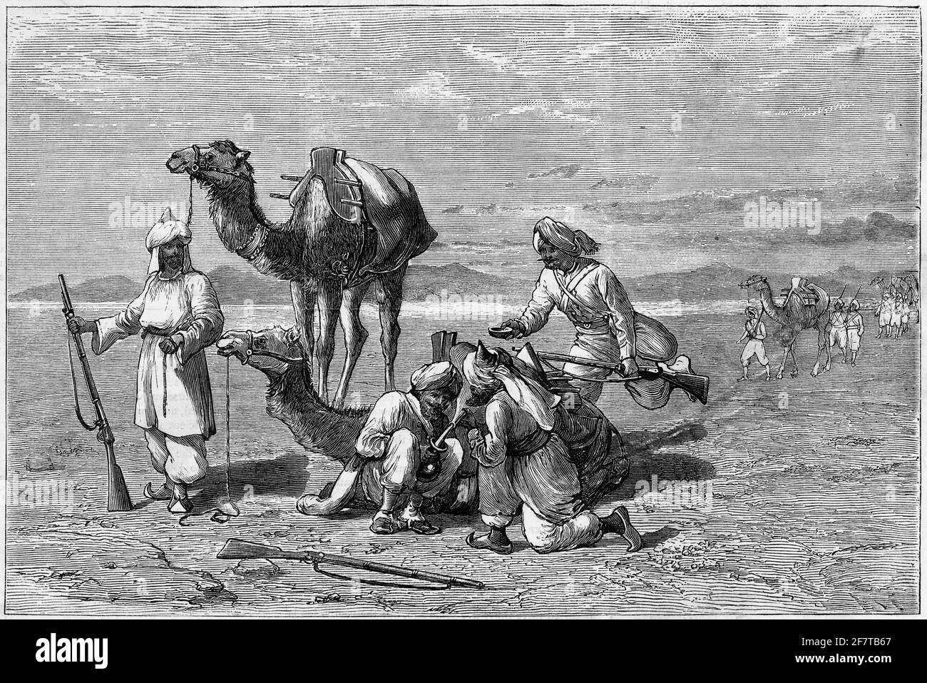 Incisione di camel driver fermandosi per l'acqua, Afghanistan, circa 1879 Foto Stock