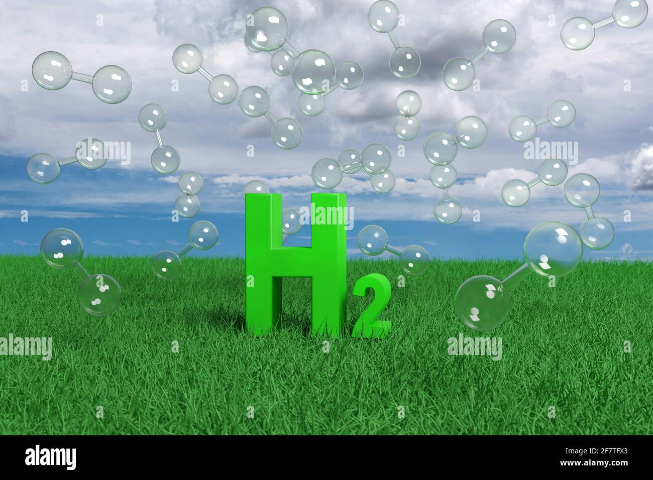 Testo verde h2 sull'erba con un cielo blu con nuvole bianche sullo sfondo. illustrazione 3d. Foto Stock