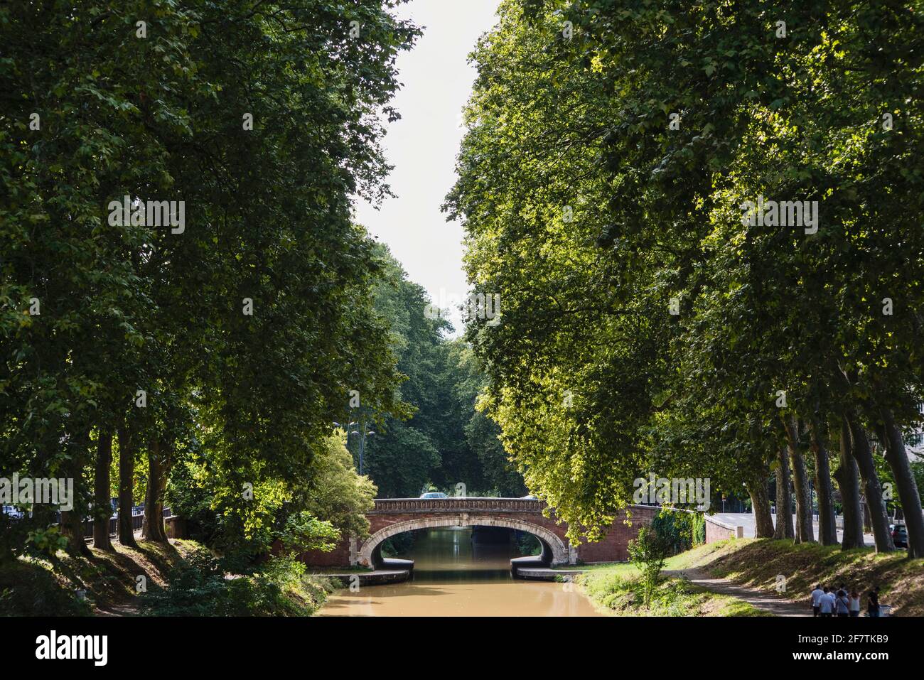 Tolosa, Occitania, Francia; 21 luglio 2018: Ponte sul Canal du Midi tra le rive alberate Foto Stock