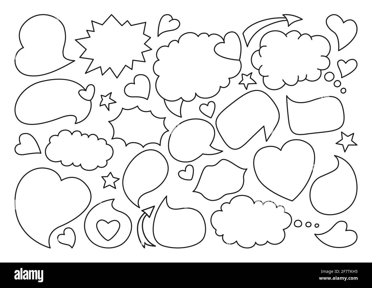 Speech bubble sketch black line doodle set. Elementi di disegno pop art dialoga nuvole per testo, banner d'amore. Libro fumetti dell'icona di blobs di pensiero di discorso. Illustrazione vettoriale cartoon disegnata a mano Illustrazione Vettoriale