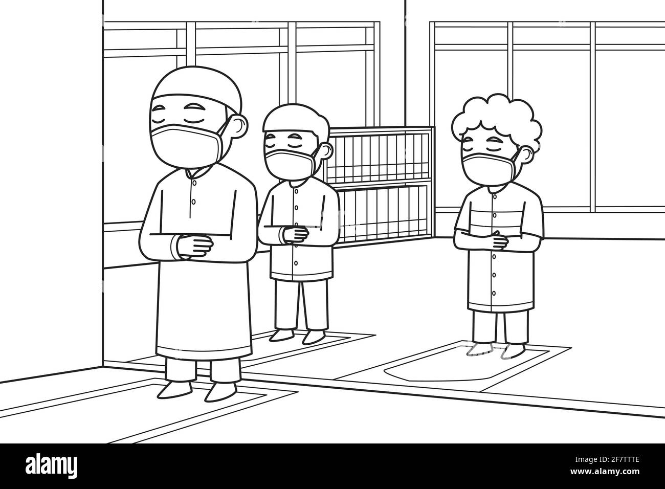L'Imam e due Makmum stanno pregando nella moschea indossando la maschera di faccia ha implementato l'allontanamento sociale. Illustrazione vettoriale. Illustrazione di libro di colorazione. Illustrazione Vettoriale