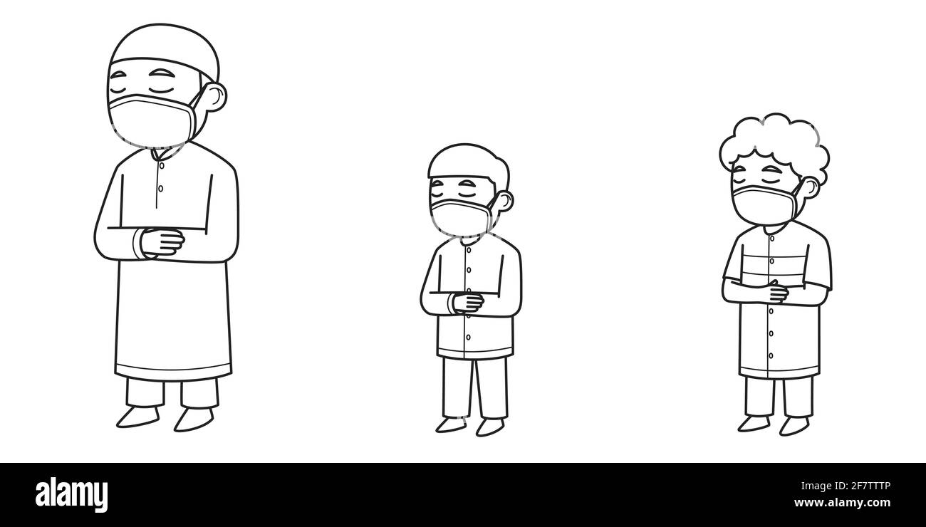 I personaggi Imam e Makmum indossano la maschera facciale. Illustrazione vettoriale. Illustrazione di libro di colorazione. Illustrazione Vettoriale