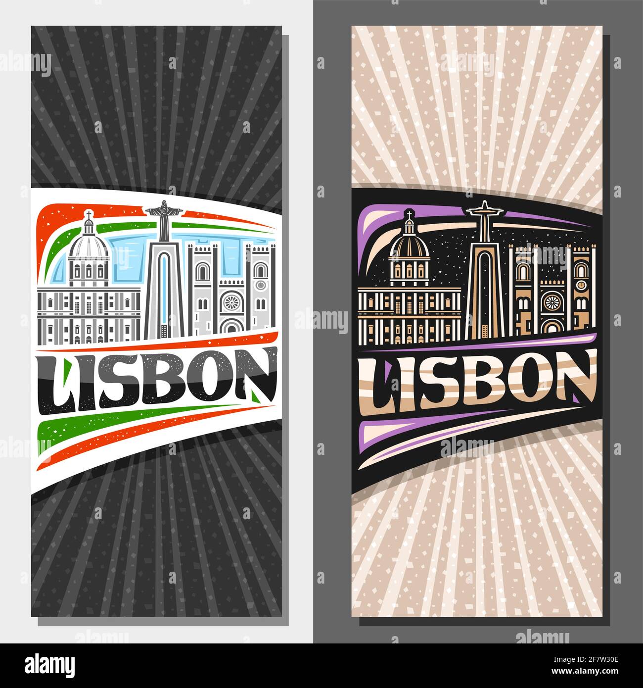Modelli verticali vettoriali per Lisbona, opuscoli decorativi con illustrazione del paesaggio urbano europeo di lisbona sul giorno e sullo sfondo del cielo crepuscolo, art design t Illustrazione Vettoriale