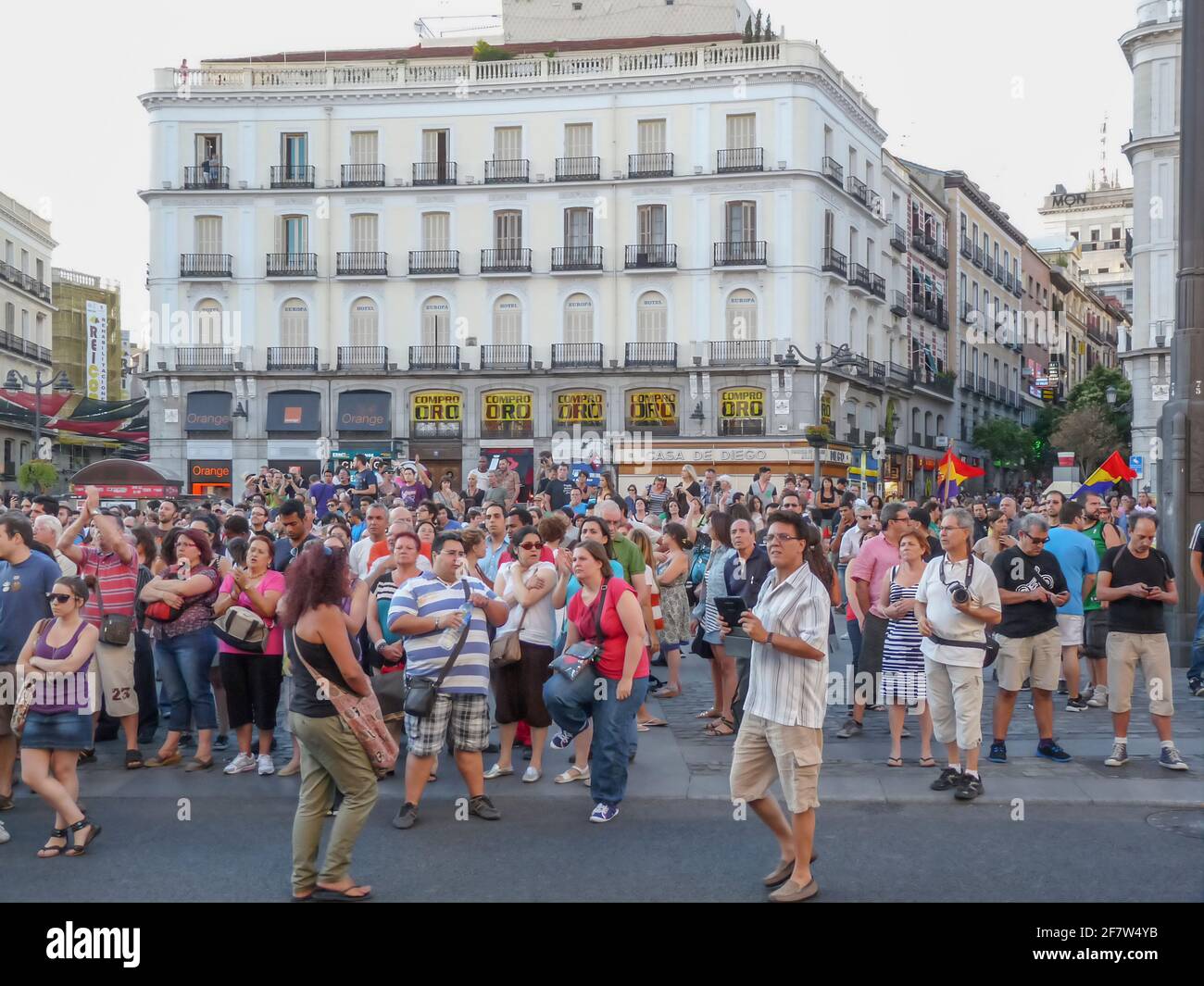 Madrid, Spagna; luglio 11 2012. I minatori asturiani in sciopero sono stati ricevuti a Madrid con una massiccia dimostrazione di sostegno. Movimento 15-M. Fotografia scattata Foto Stock