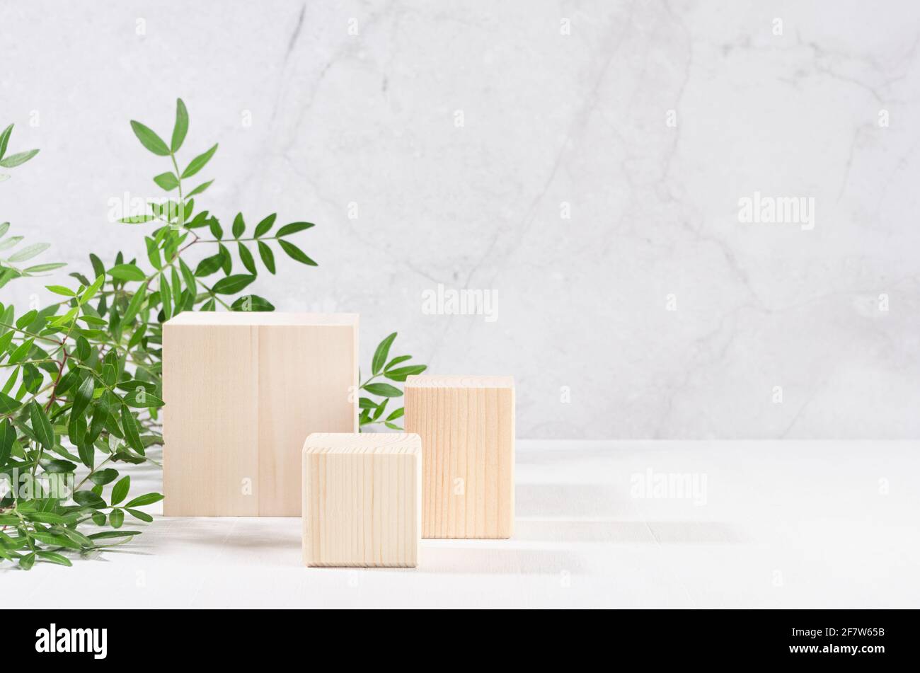 Podi quadrati di legno con ramo verde di albero in luce solare su tavolo di legno bianco, parete di marmo. Vetrina moda per prodotti cosmetici, prodotti, calzature, ba Foto Stock