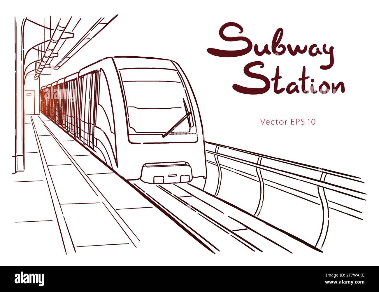 Disegnato a mano la linea di inchiostro disegna Mosca luce monorotaia stazione della metropolitana e dalla stazione ferroviaria in stile contorno vista prospettica. Illustrazione Vettoriale