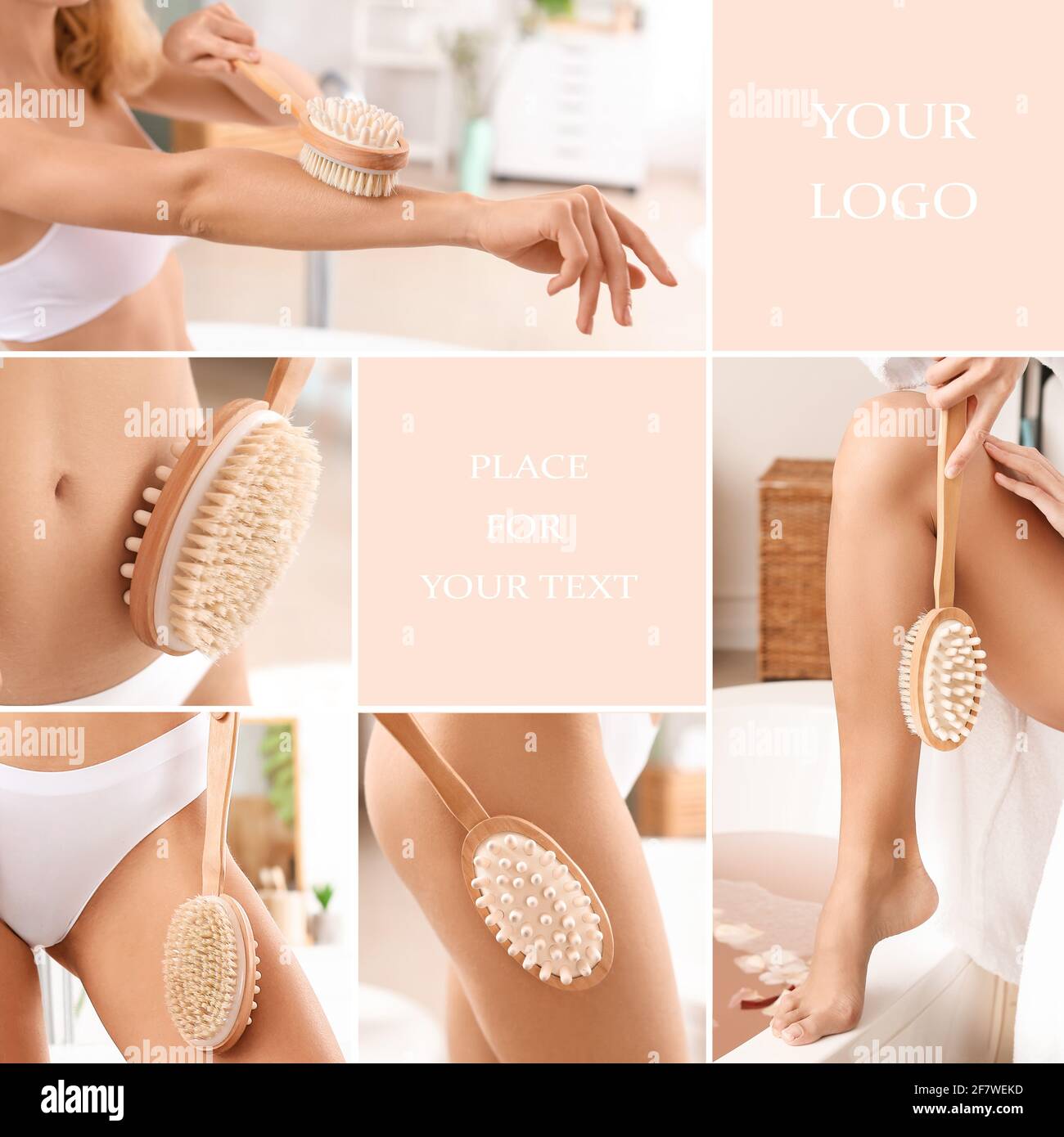 Collage di bella giovane donna con spazzola di massaggio anticellulite,  spazio per il testo Foto stock - Alamy