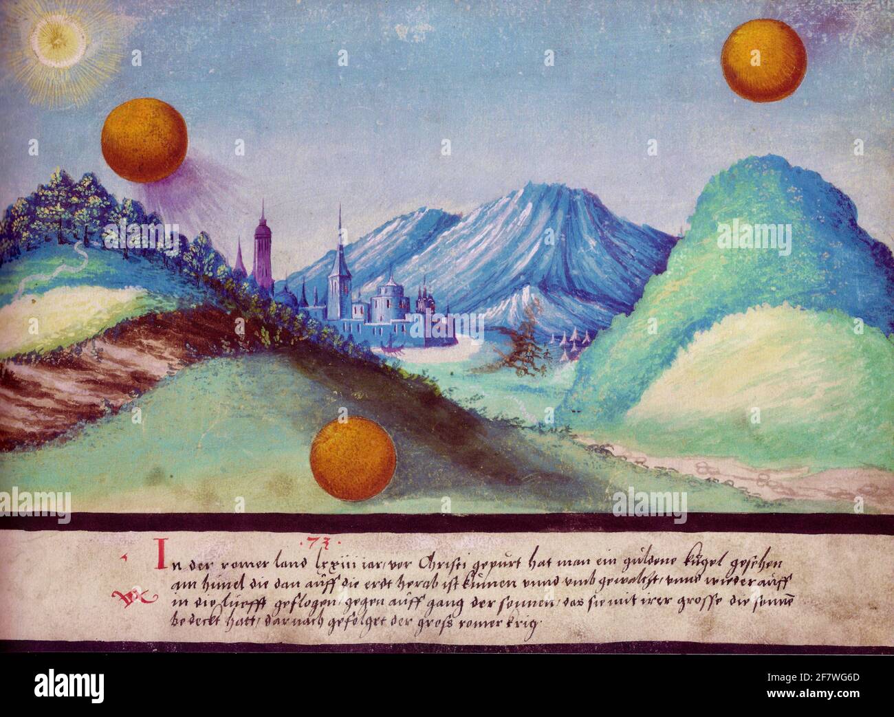 Al tempo dei Romani compaiono sfere d'oro Il cielo qui illustrato nel Libro dei Miracoli - Folio 23 Foto Stock