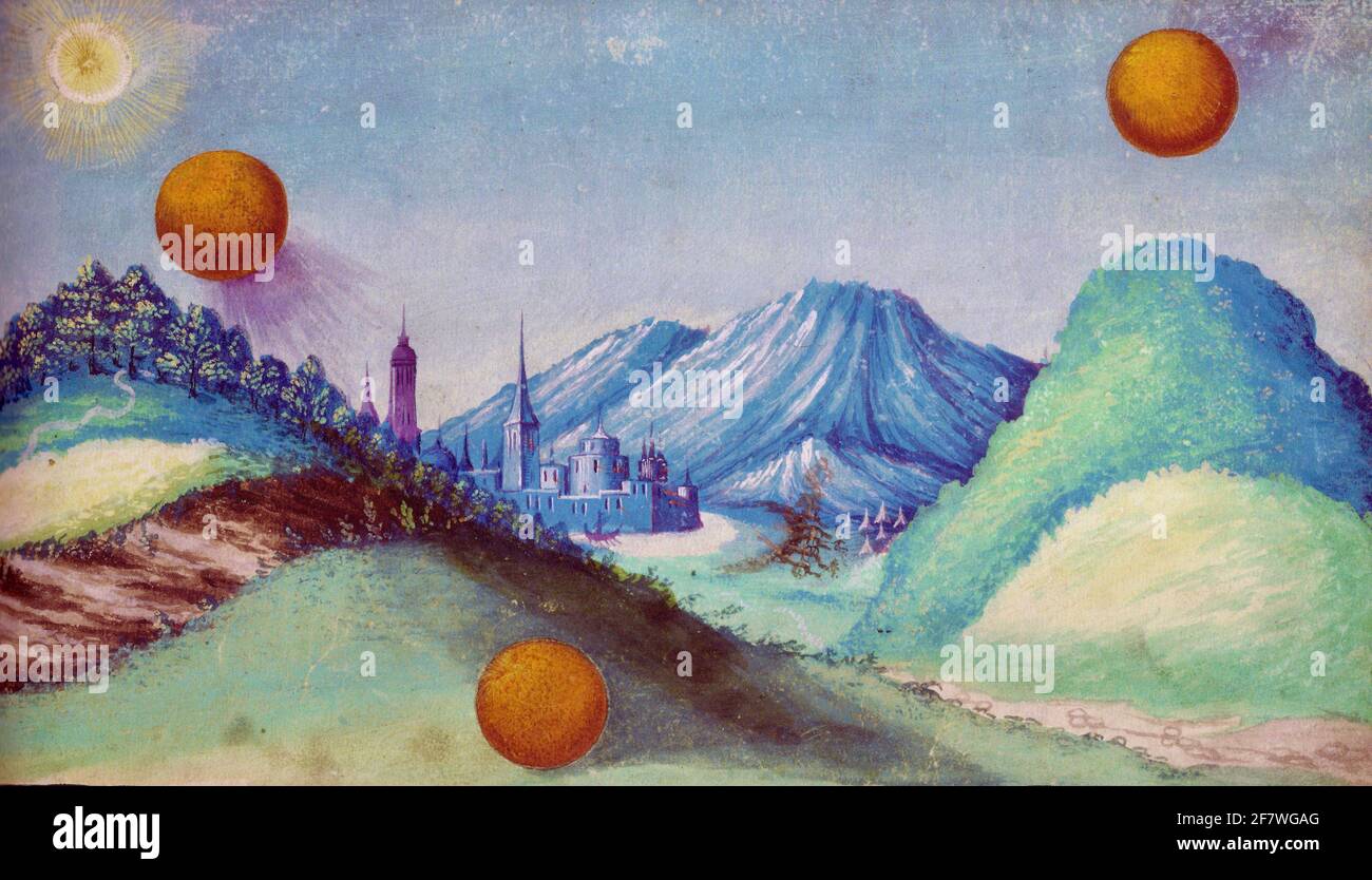 Al tempo dei Romani compaiono sfere d'oro Il cielo qui illustrato nel Libro dei Miracoli - Folio 23 Foto Stock