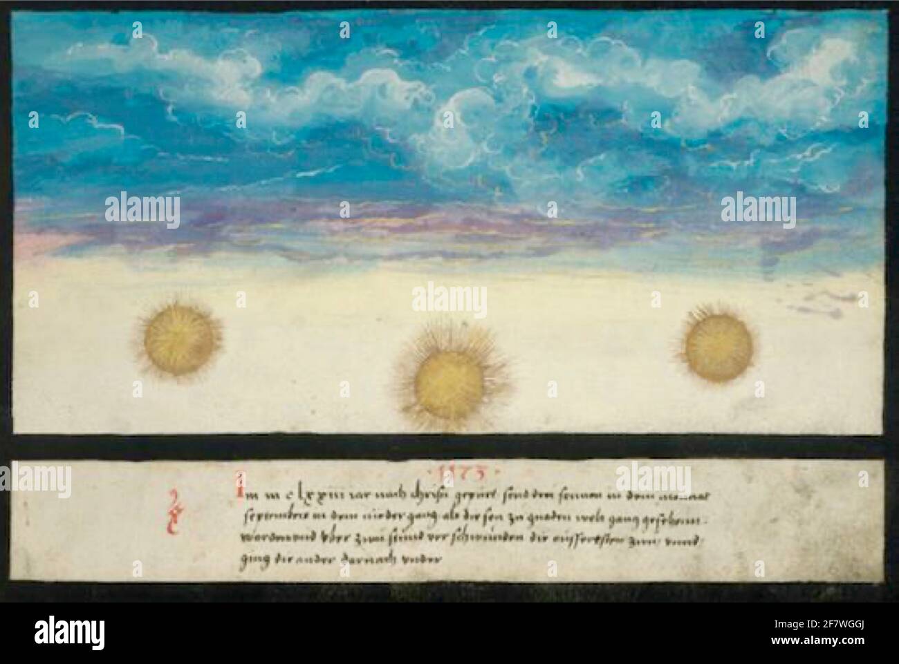 Tre sole appaiono nel cielo qui illustrato nella Libro dei Miracoli - Folio 45 Foto Stock