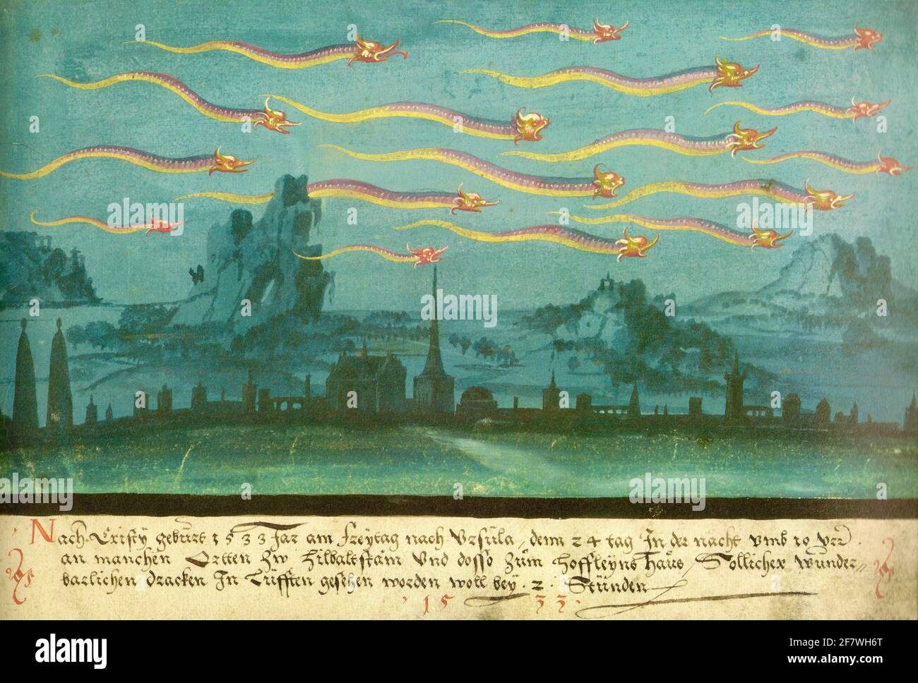 Draghi nel cielo dal Libro dei Miracoli Foto Stock