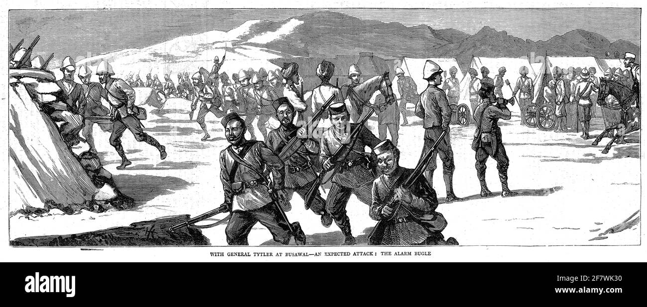 Incisione di soldati che rispondono all'allarme contrattano per un attacco inaspettato al generale Tytler a Busawal durante la seconda guerra anglo-afghana, 1879 Foto Stock