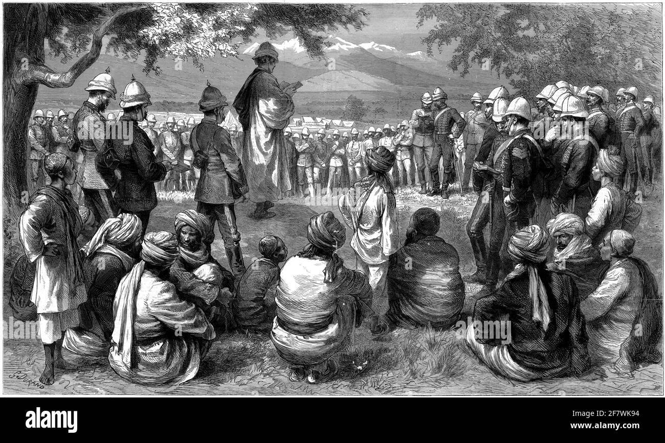 Incisione di un servizio di chiesa cristiana con la divisione del generale Sir Samuel Browne a Bussowal sulla strada per Jellalabad per la seconda guerra anglo-afghana, 1879 Foto Stock