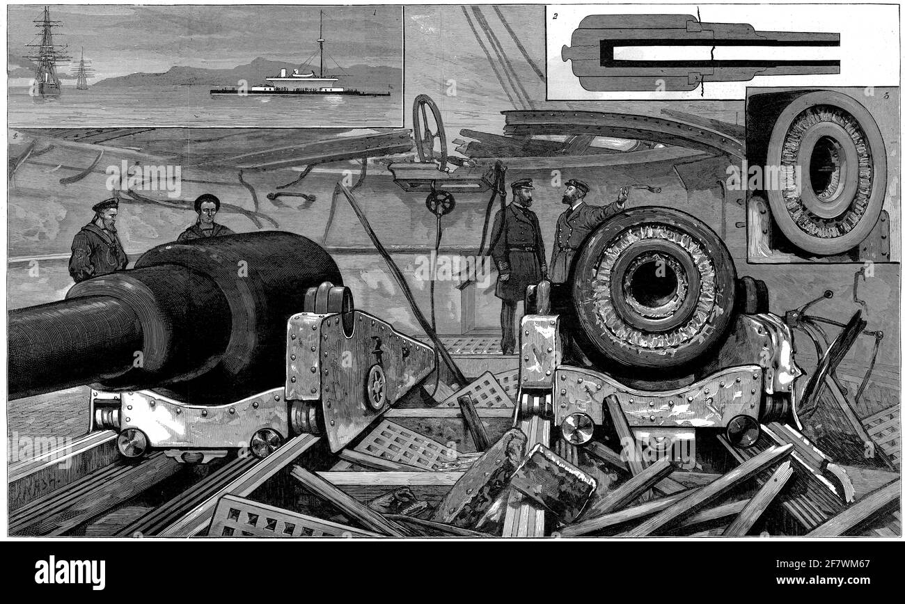 Incisione dei dettagli dello scoppio di una pistola da 38 tonnellate su HMS Thunderer, 1879: 1 HMS Thunderer a Ismid dove l'esplosione ha avuto luogo, 2 sezione della pistola che mostra la linea di frattura, 3 la pistola dopo l'esplosione, 4 condizioni della torretta dopo lo scoppio della pistola. Foto Stock
