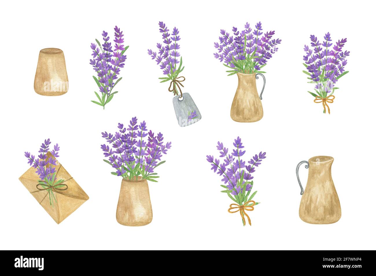 Fiori di lavanda, bouquet, set di composizioni di vasetti d'epoca, simbolo della regione francese della Provenza, design estivo e di vacanza, illustrazione floreale disegnata a mano Foto Stock