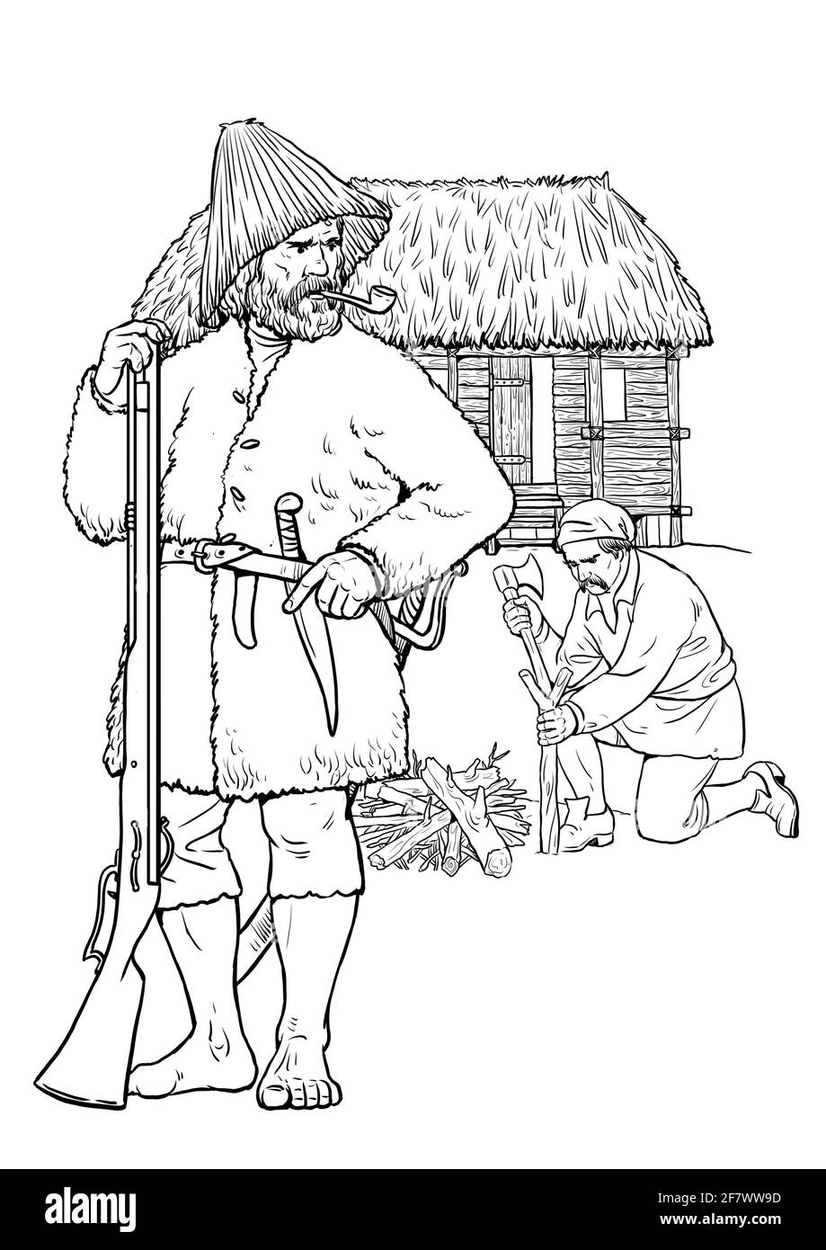 Pirati su Treasure Island. Casa pirata. Pagina da colorare. Foto Stock