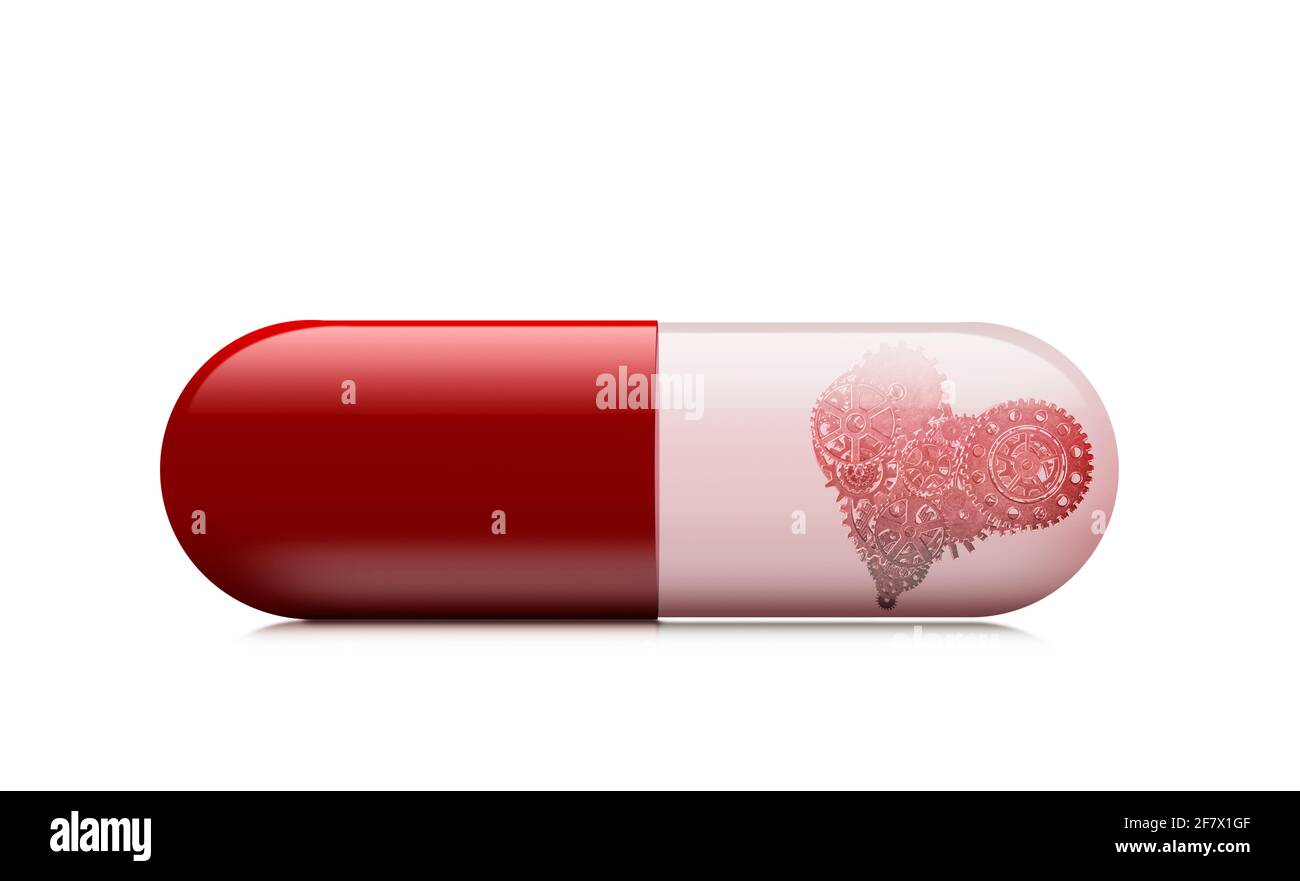 Capsula di medicina su sfondo bianco, concetto di medicina del cuore. Foto Stock
