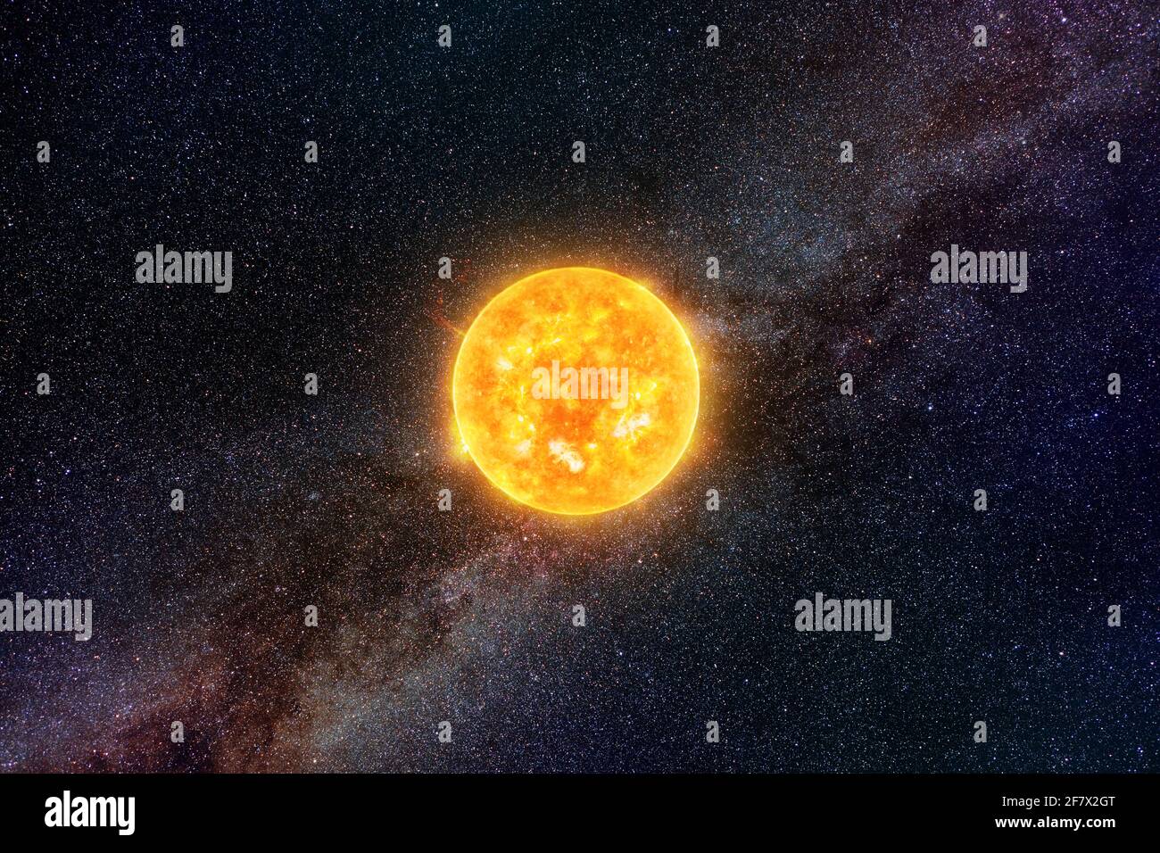 Sole luminoso contro cielo stellato scuro e Via Lattea in Solar System, elementi di questa immagine fornita dalla NASA Foto Stock