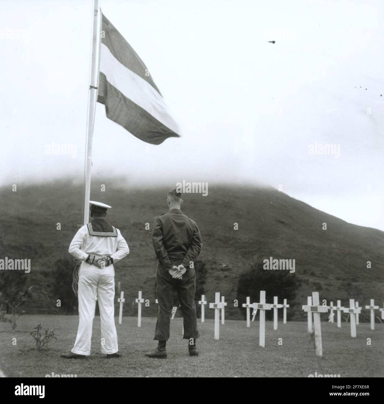 La prole del Tangok a Pusan ​​in Corea del Sud con la bandiera olandese semistabile alle tombe di guerra dei soldati delle Nazioni Unite di Detachement olandese (NDVN) durante la guerra di Corea. Foto Stock