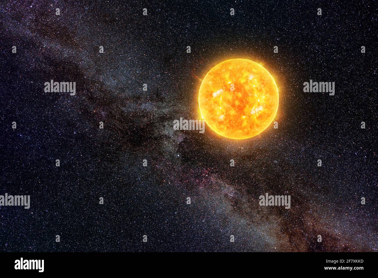 Sole luminoso contro cielo stellato scuro e Via Lattea in Solar System, elementi di questa immagine fornita dalla NASA Foto Stock