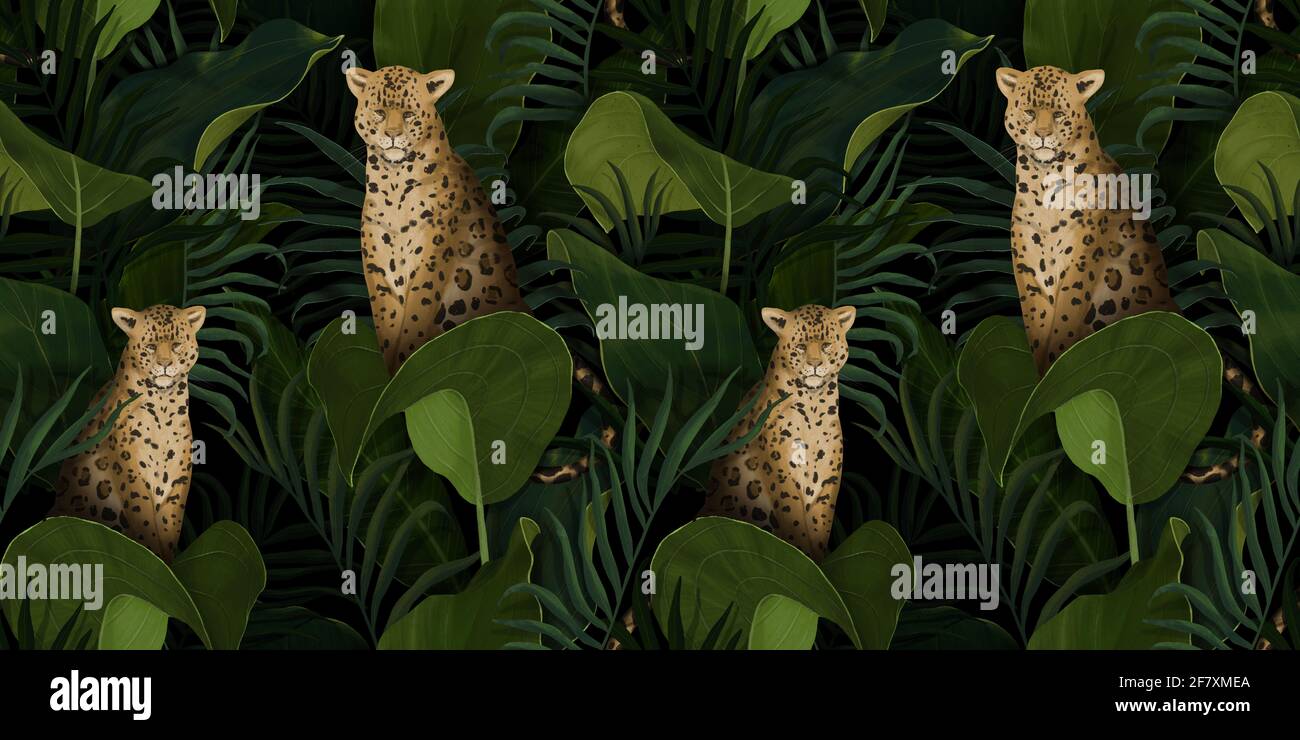 Esotico motivo tropicale con leopardi in foglie di palma con fiori di protea. Disegno a mano sfondo botanico per la creazione di carta da parati, stampa di tessuti Foto Stock