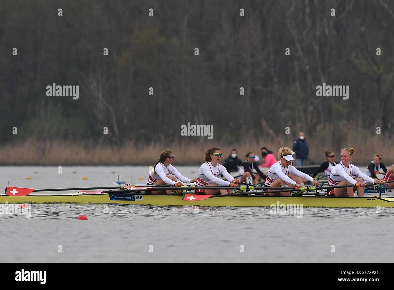 Varese, Italia. 10 Apr 2021. Fabienne Schweizer, Pascale Walker, Lisa Loetscher, Eloise von Der Schulenburg (sui), scafi quadrupla donna durante i Campionati europei di canottaggio 2021, canoying a Varese, Italia, aprile 10 2021 Credit: Independent Photo Agency/Alamy Live News Foto Stock