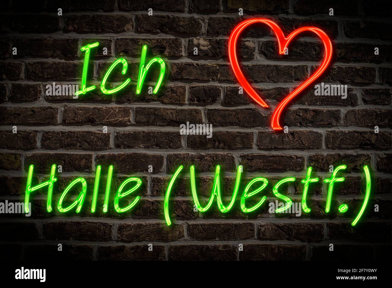 Leuchtreklame, Ich liebe Halle (Westf.), Nordrhein-Westfalen, Deutschland, Europa | Pubblicità illuminata, i love Halle (Westf.), Nord Reno-Westph Foto Stock