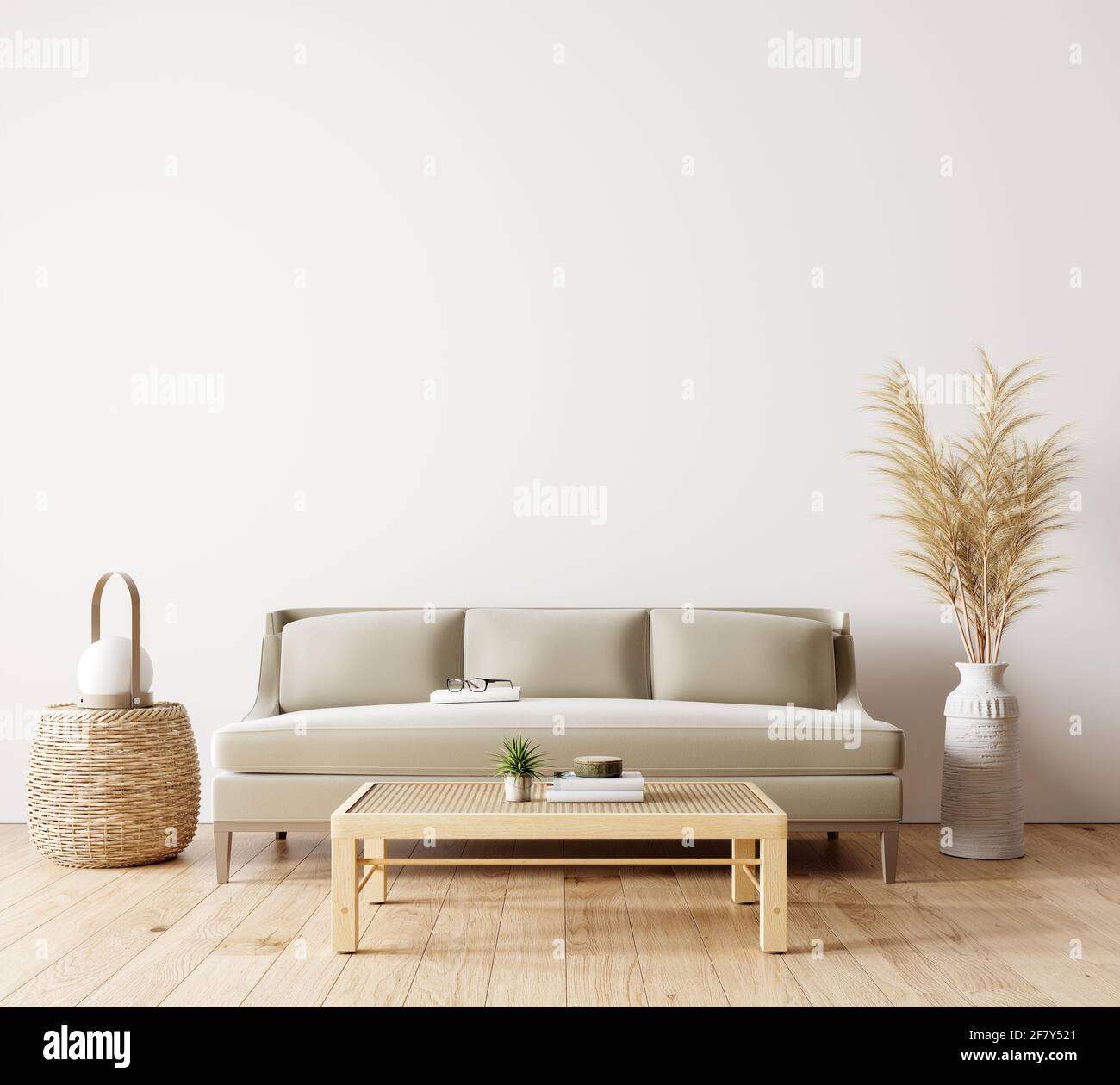 Interni dal design moderno del soggiorno in colori naturali con decorazione di piante asciutte e vuoto bianco mock su sfondo parete Rendering 3D Foto Stock