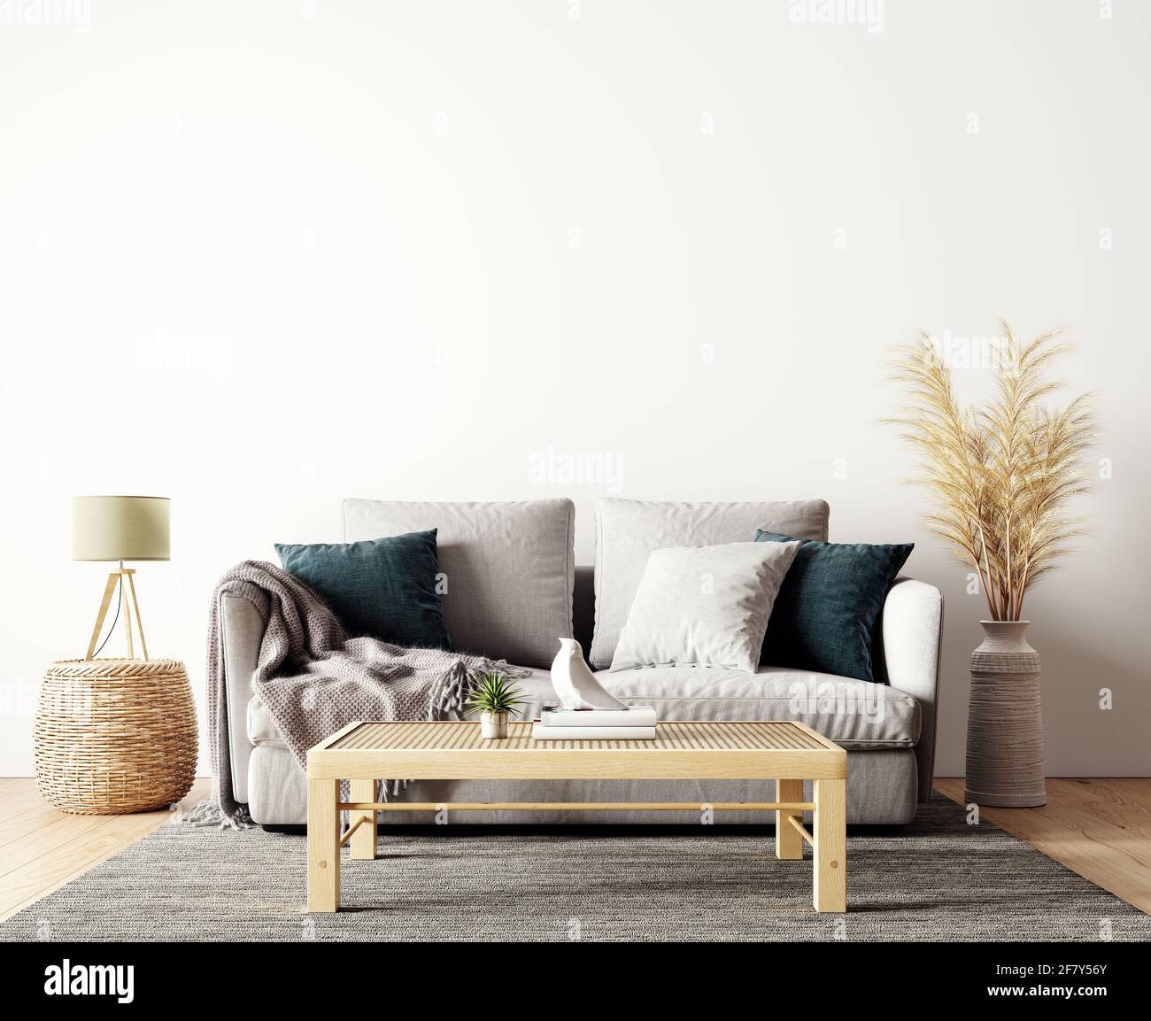 Interni dal design moderno del soggiorno in colori naturali con decorazione di piante asciutte e vuoto bianco mock su sfondo parete Rendering 3D Foto Stock