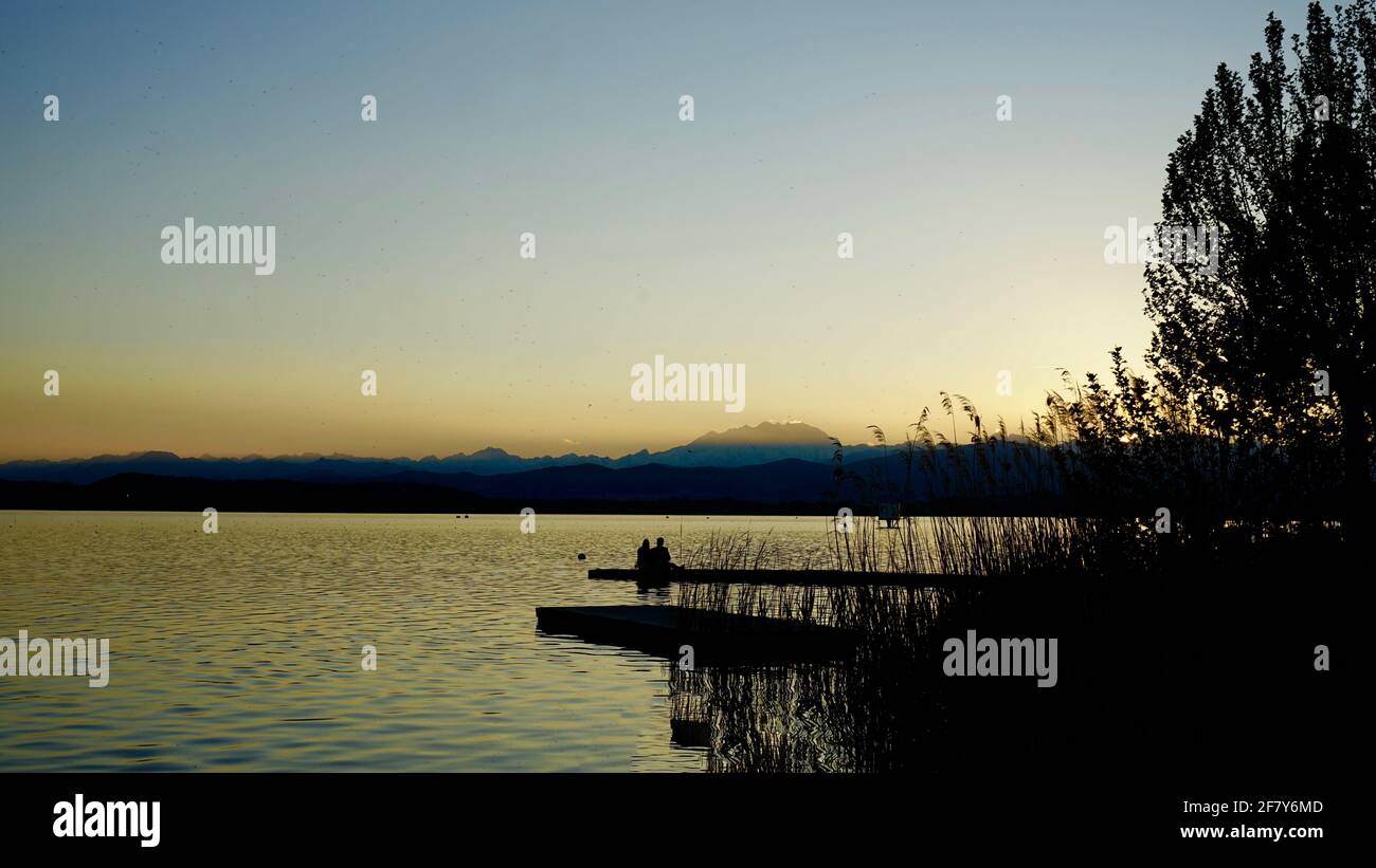 Alte canne sul lago di Varese in Italia durante il tramonto, con due persone sedute. Foto Stock