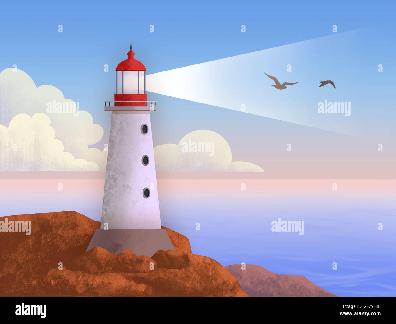Faro al tramonto in un paesaggio color pastello. La sagoma di due uccelli è rivelata dal fascio di luce. Illustrazione digitale. Foto Stock