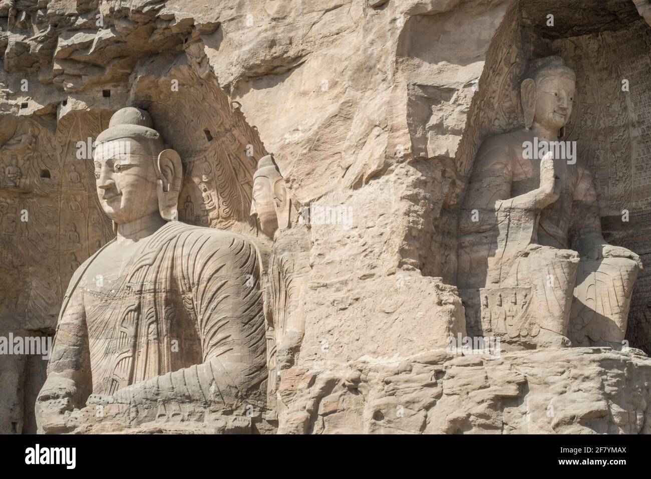 Grotte di Yungang, templi delle prime grotte buddiste, patrimonio dell'umanità dell'UNESCO, Shanxi, Cina. Foto Stock