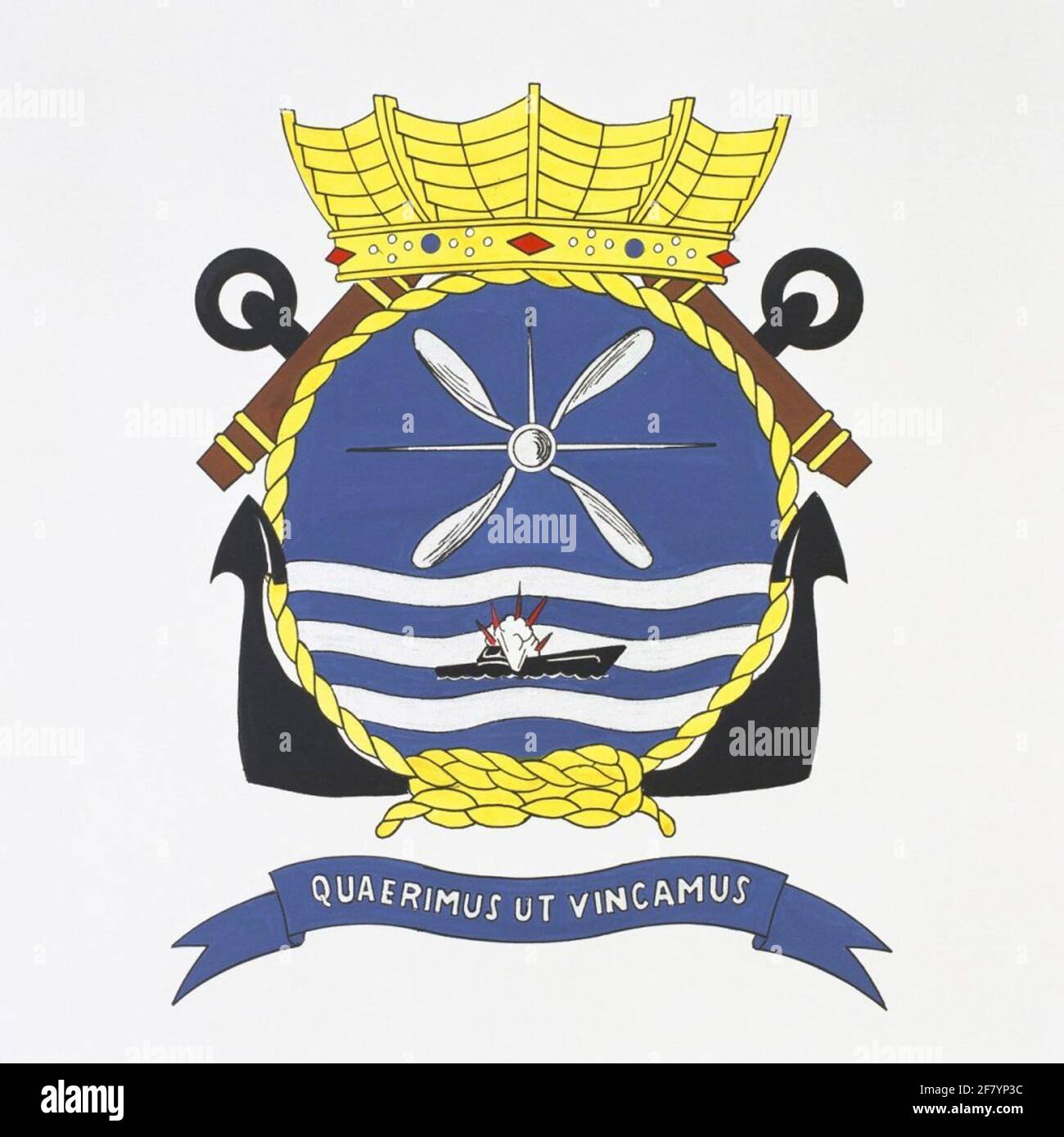 Squadron 4 (SQ 4). L'emblema raffigura il lavoro di questo squadrone: Individuare e distruggere i sottomarini. Gli aeromobili Squadron 4 operavano da un'imbarcazione da campo volante. Dopo la vendita di HR.MS Karel Doorman (1948-1968) Het Squadron coperto nel 1971. Incantesimo emblema: Quaerimus ut vincamus (stiamo cercando di superare). Foto Stock