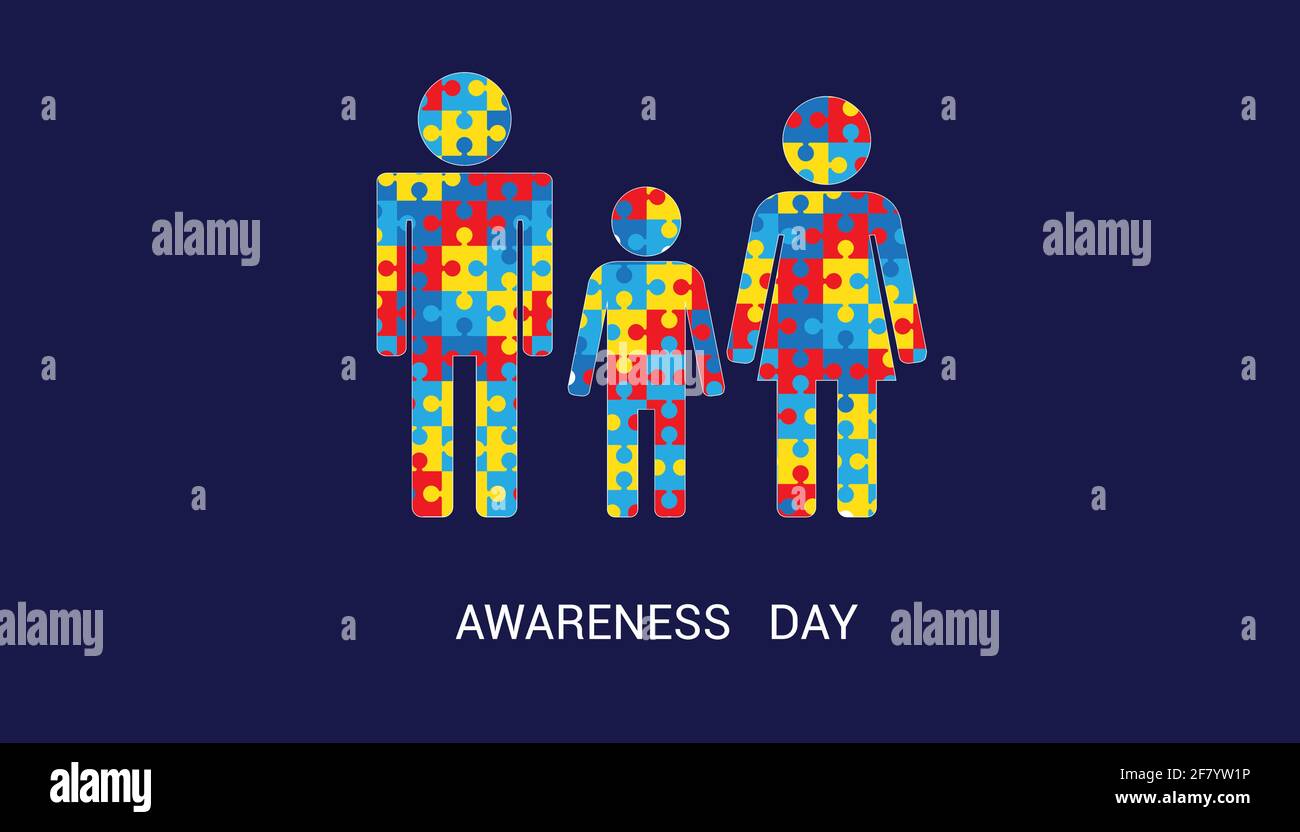 Giorno di consapevolezza autismo. Famiglia, mamma, papà, bambino. Pezzi di puzzle. Sfondo blu. Illustrazione Vettoriale