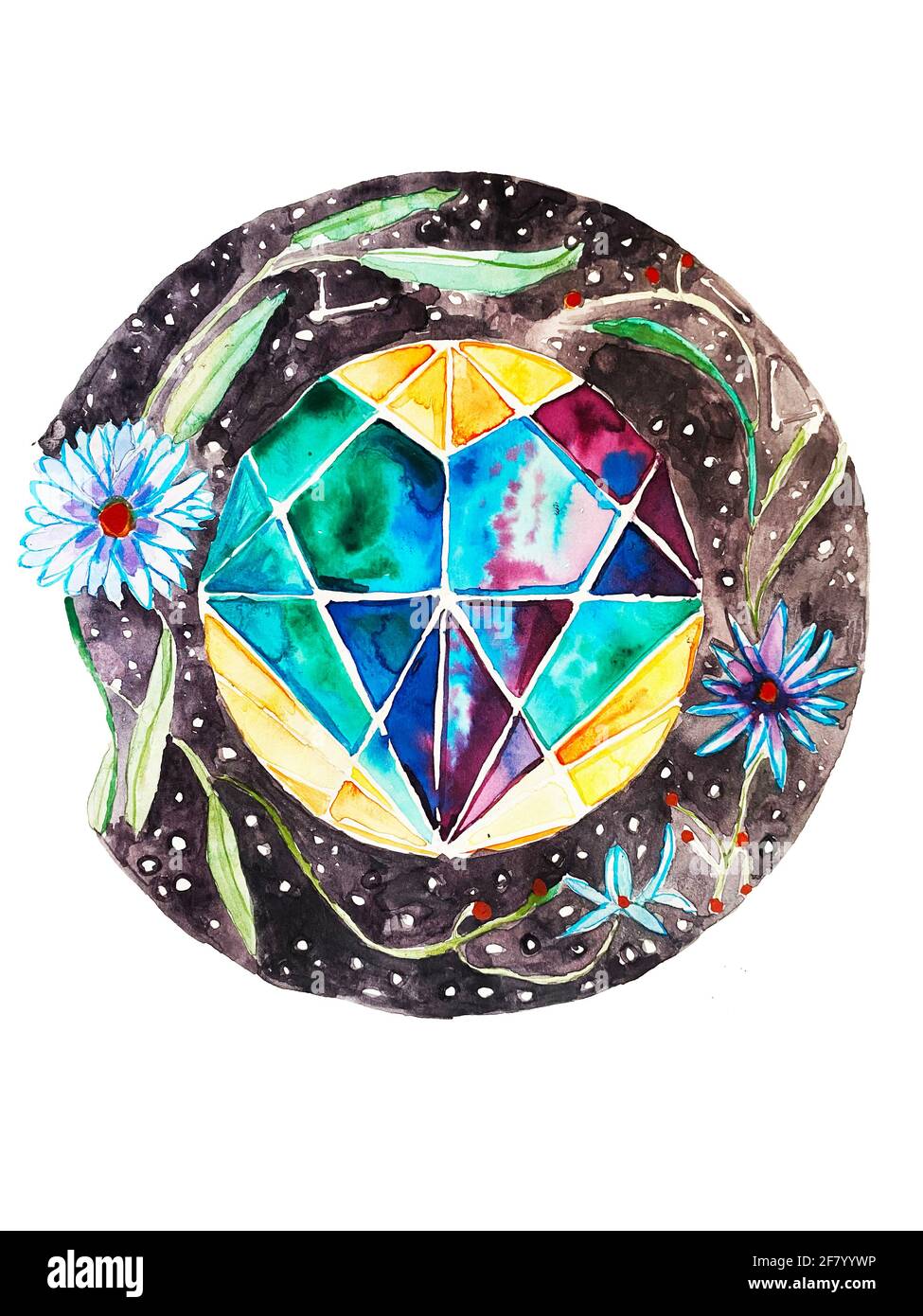 cuore in acquerello e fiori Foto Stock