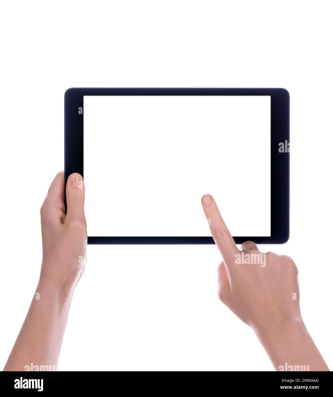 Mani che tengono un computer tablet con schermo bianco. Le mani della donna mostrano lo schermo vuoto del moderno tablet digitale. tablet pc con supporto per le mani isolato su bianco Foto Stock