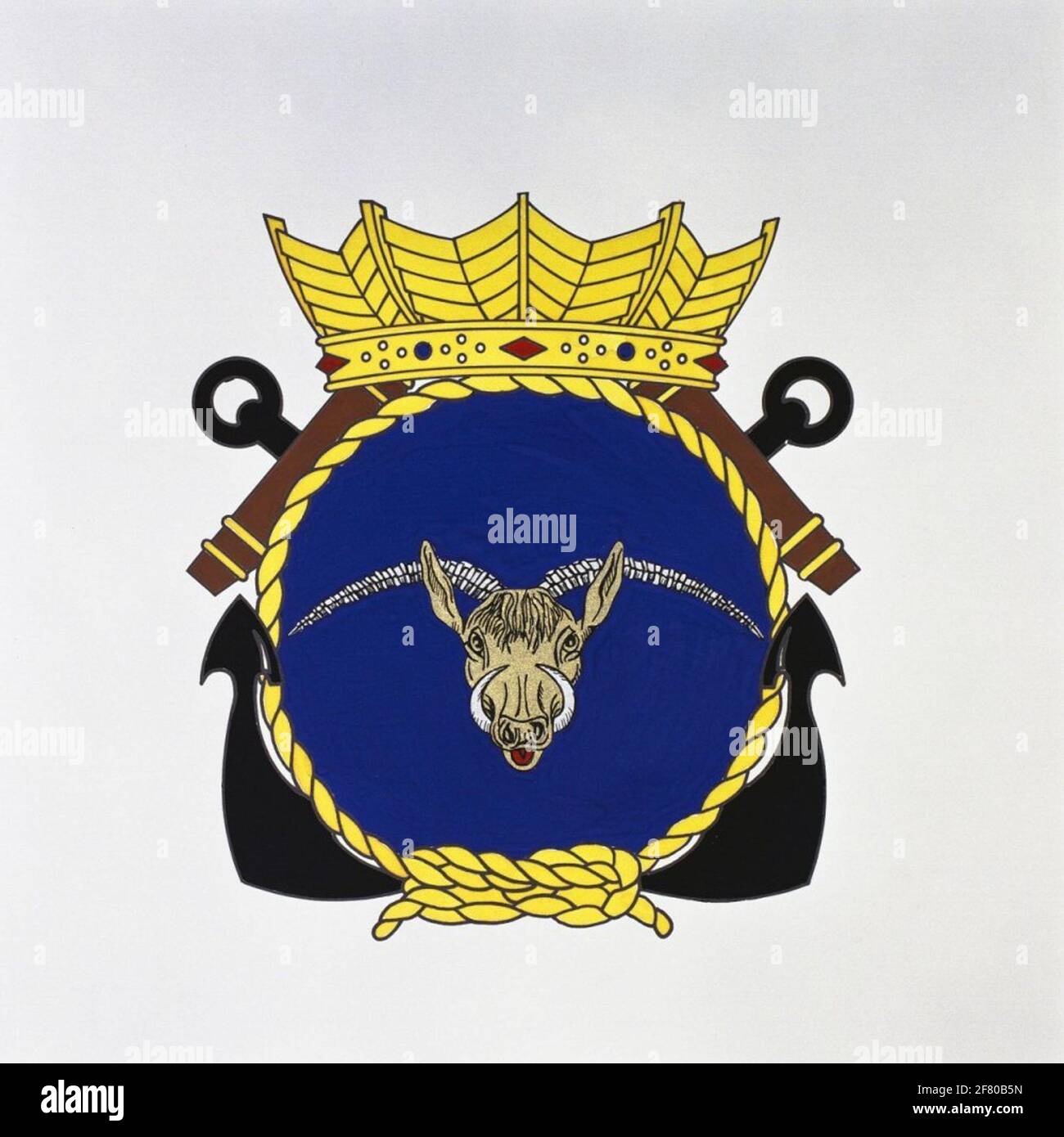 Infoal. L'emblema rappresenta lo yale, un animale mitologico con la coppa di un antilope e i denti di un cinghiale. I suoi corni erano mobili. Logo foderato da hr.ms. Srotolare (1954-1971). Foto Stock