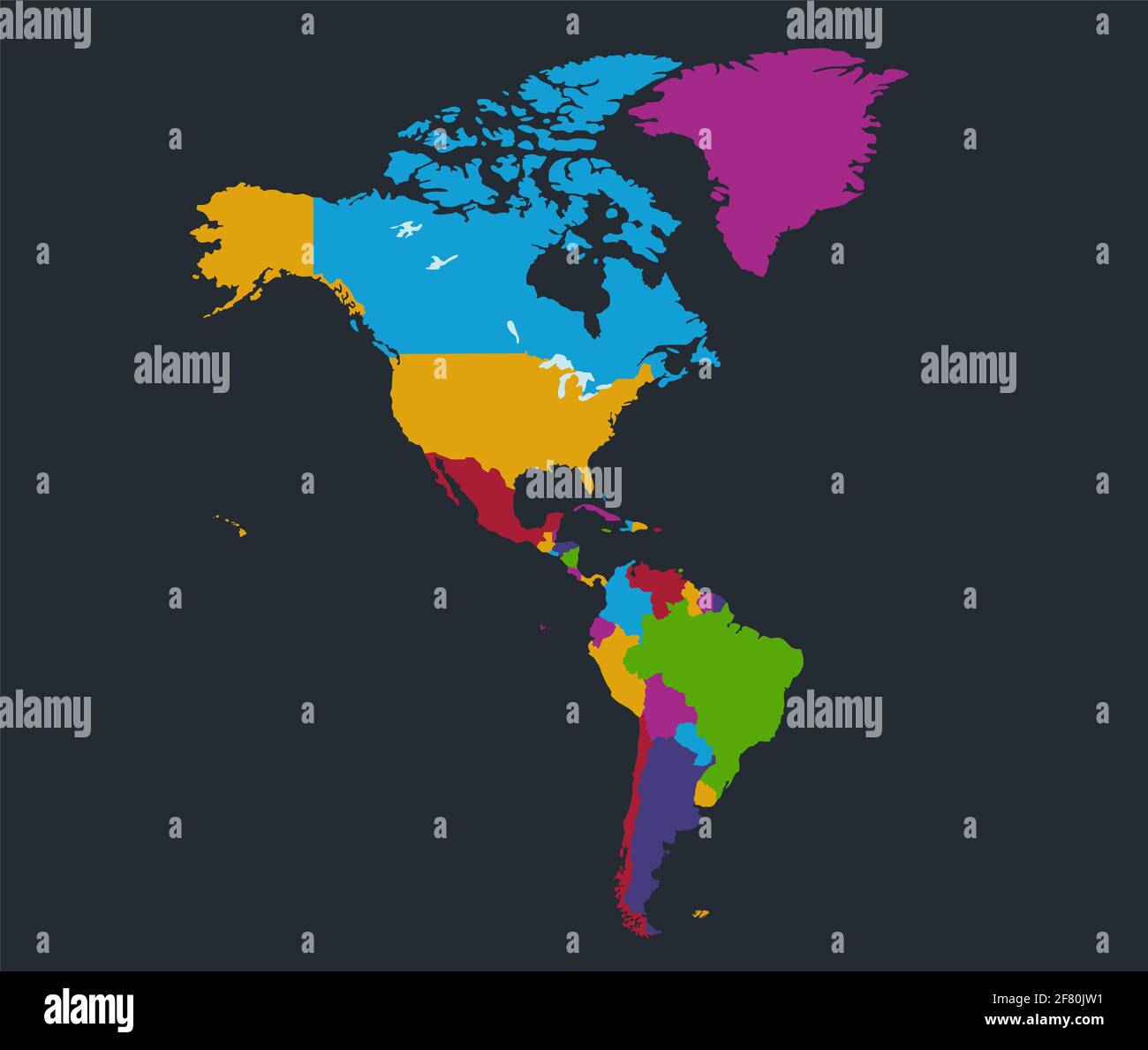 Infografica Mappa America, colori a disegno piatto, singoli stati e isole, sfondo blu vuoto Foto Stock