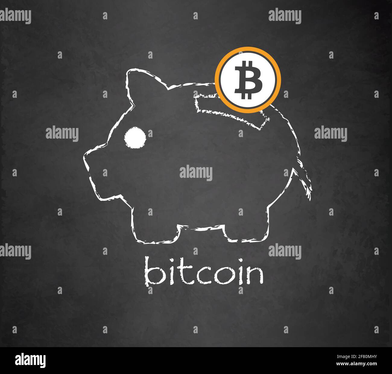 Bitcoin simbolo e salvando piggy bank, sfondo lavagna, gesso disegno vettore Illustrazione Vettoriale