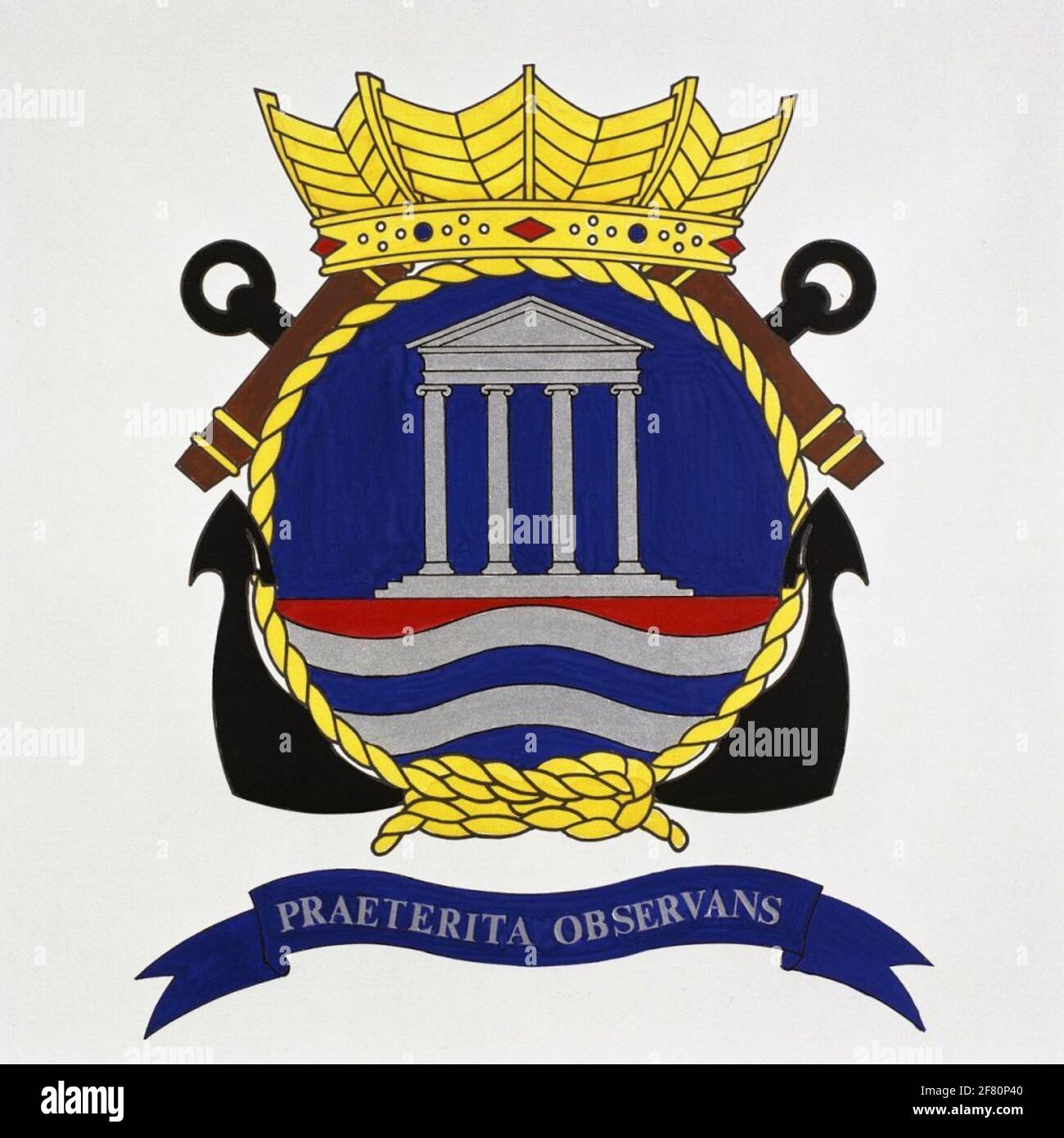 Emblema del Museo Marino della Marina reale, approvato nel 1994. Emblema incantesimo Praterita Observans. Foto Stock