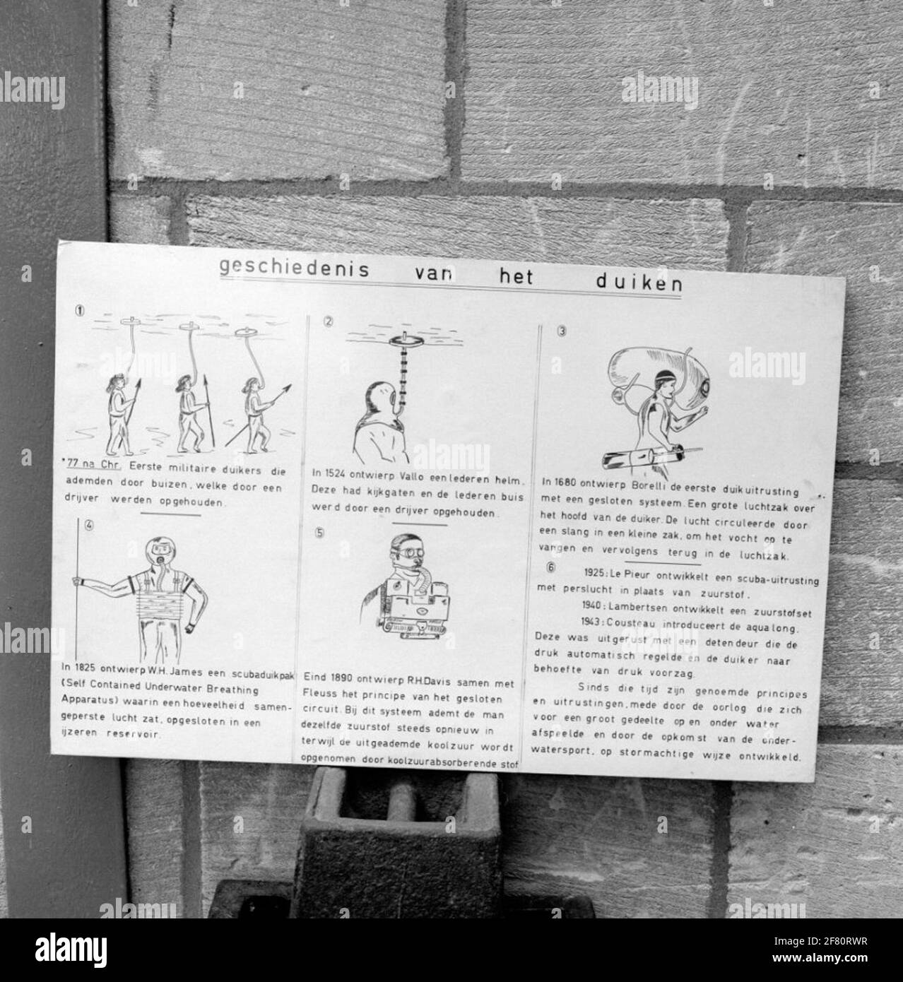 Scheda con una panoramica della storia delle immersioni, utilizzata nella scuola di vela e subacquea a Fort Crèvecoeur. Foto Stock