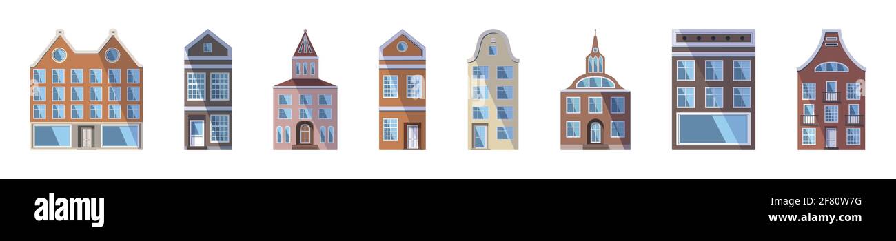 Lungo insieme di vecchie case, negozi e fabbriche di colore europeo nel tradizionale stile della città olandese. Illustrazione vettoriale nello stile piatto isolato su a. Illustrazione Vettoriale