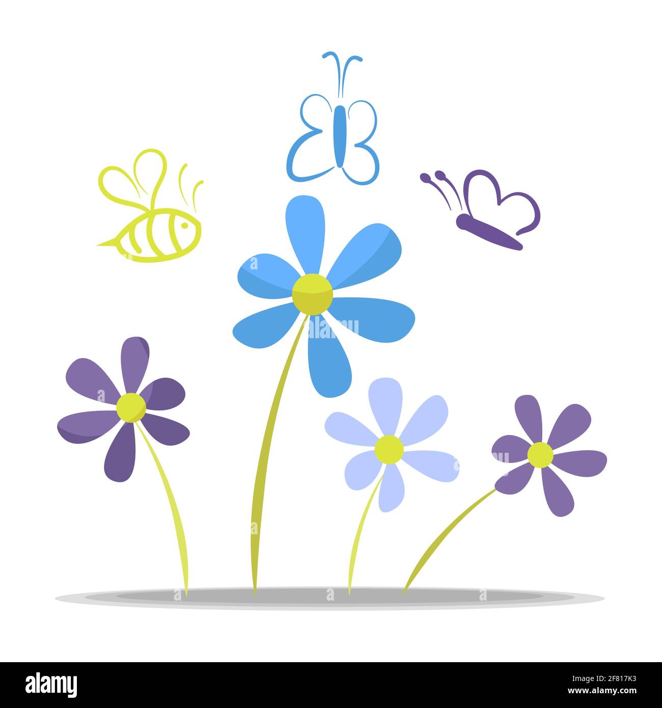 Fiorito con fiori verdi farfalle di api isolato su sfondo bianco Illustrazione Vettoriale