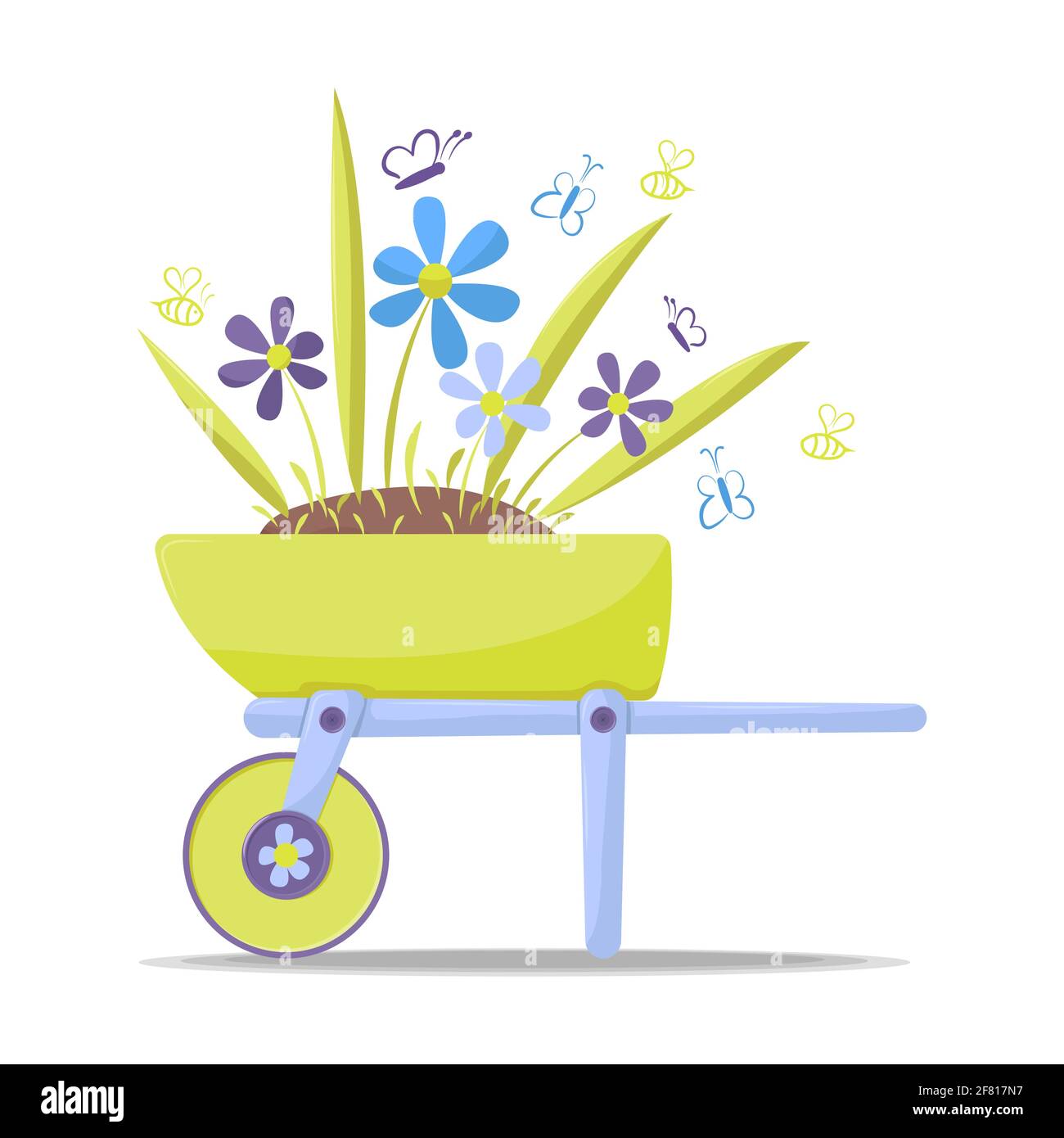 Attrezzi di giardinaggio carriola con piante farfalle api isolato su bianco sfondo Illustrazione Vettoriale