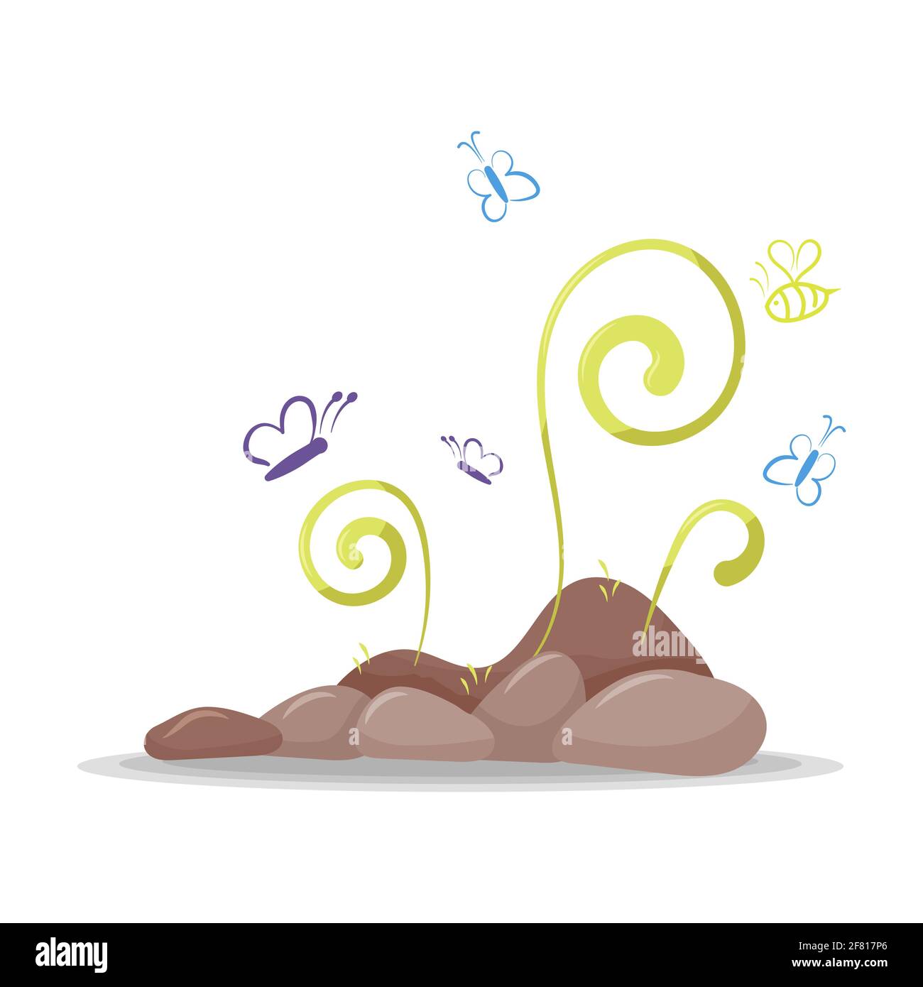 Fiorito con fiori verdi farfalle di api isolato su sfondo bianco Illustrazione Vettoriale