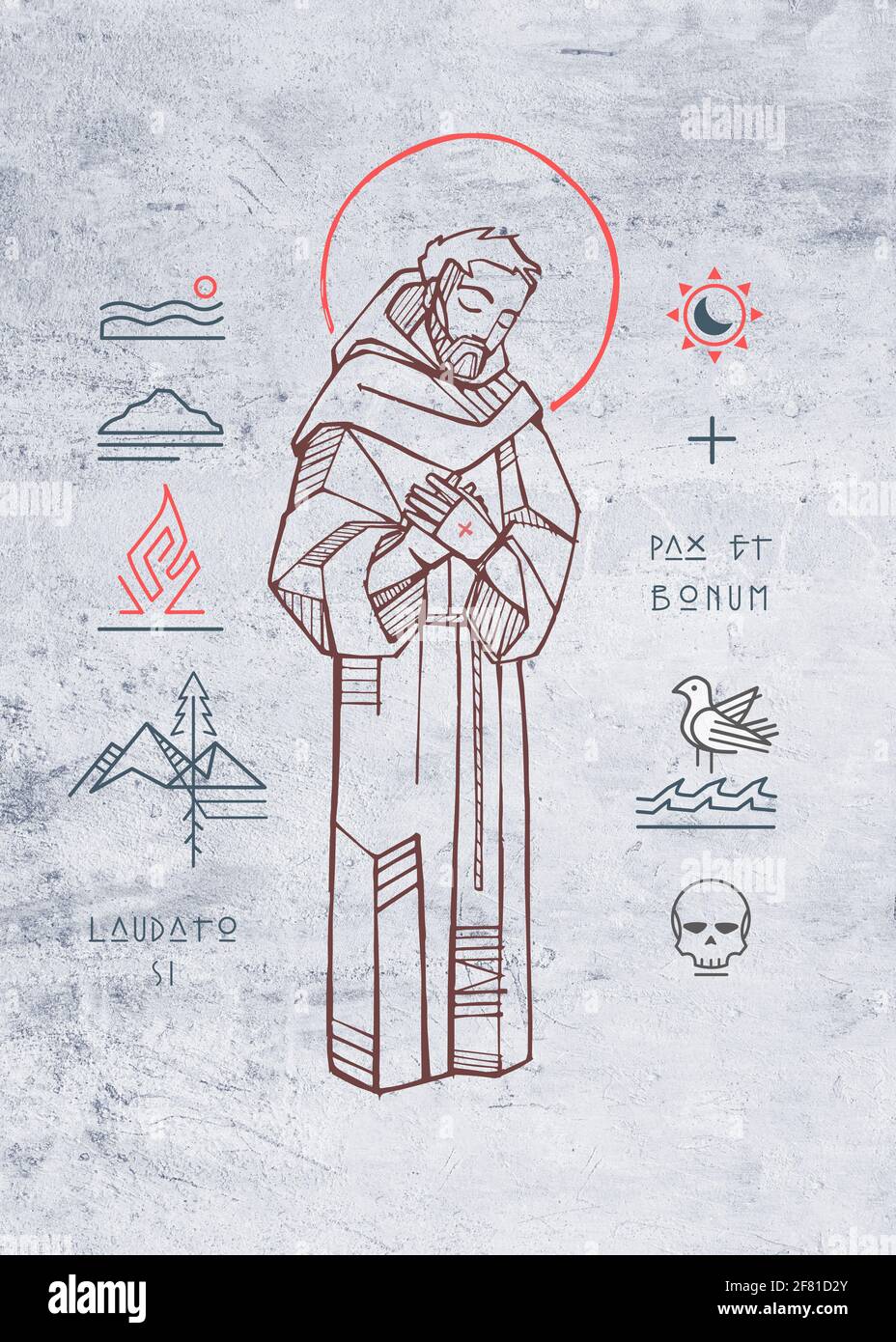 Illustrazione disegnata a mano o disegno di JSaint Francesco d'Asis e simboli cristiani con frasi in latino che significa: Lode, pace e bene Foto Stock