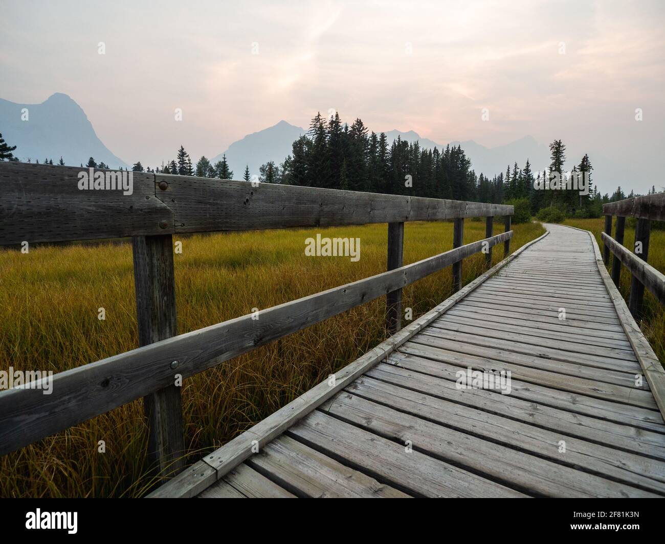 sentiero in legno in montagna su un tramonto di giallo erba intorno Foto Stock