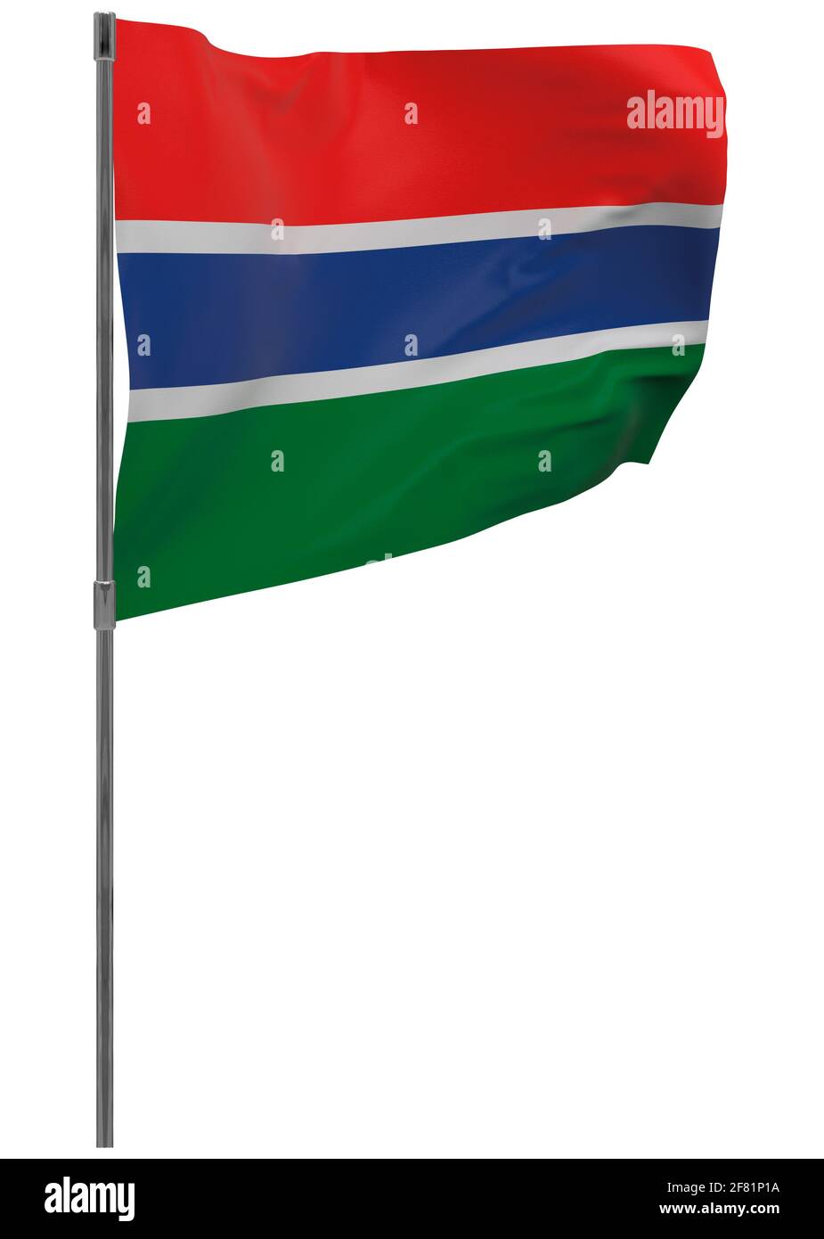 Gambia bandiera in pole. Banner ondulato isolato. Bandiera nazionale della Gambia Foto Stock
